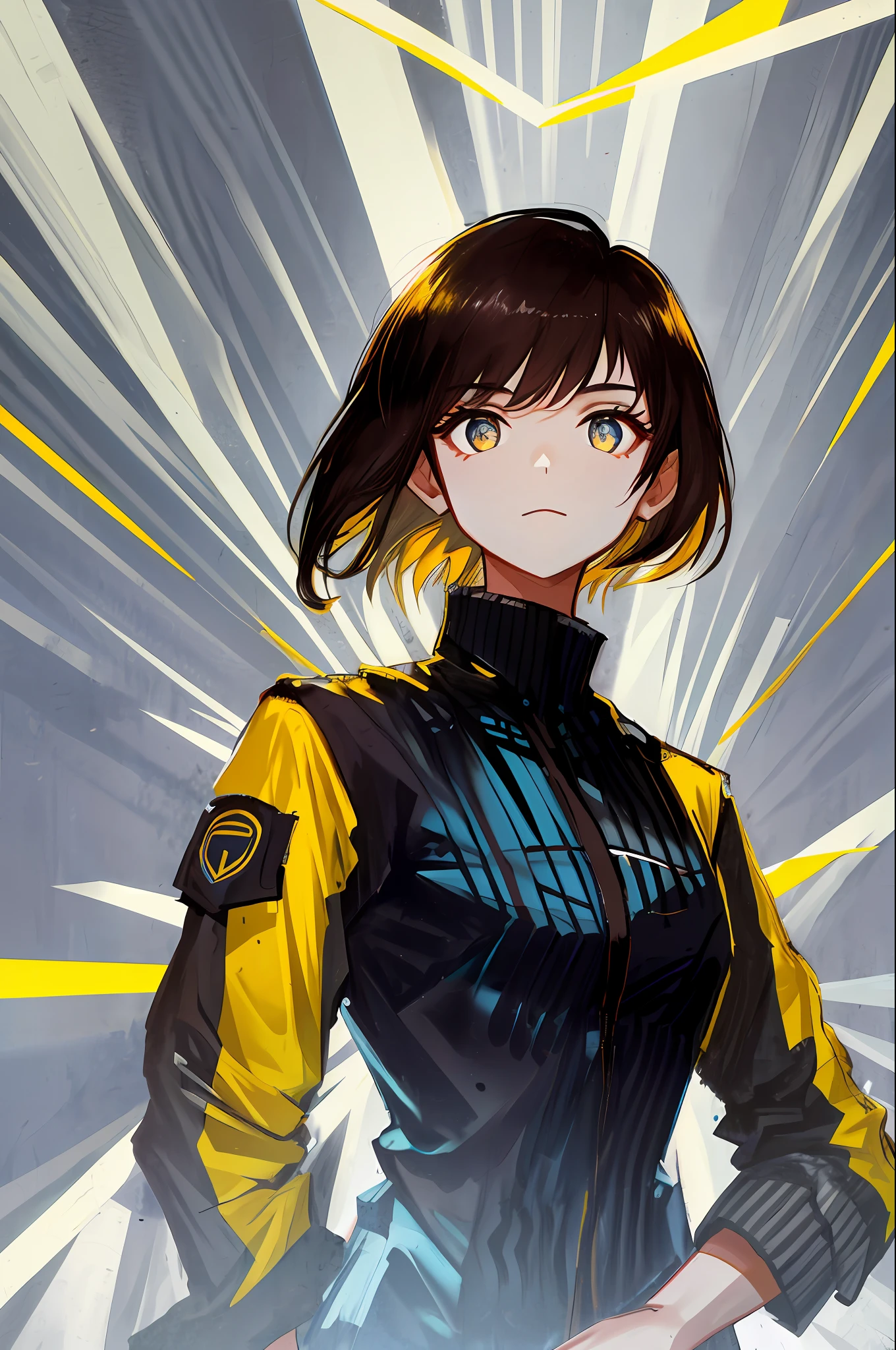 (solo), short hair [[[undercut]]], jacket, upper body, portrait, dark hair, bright eyes, elegant background