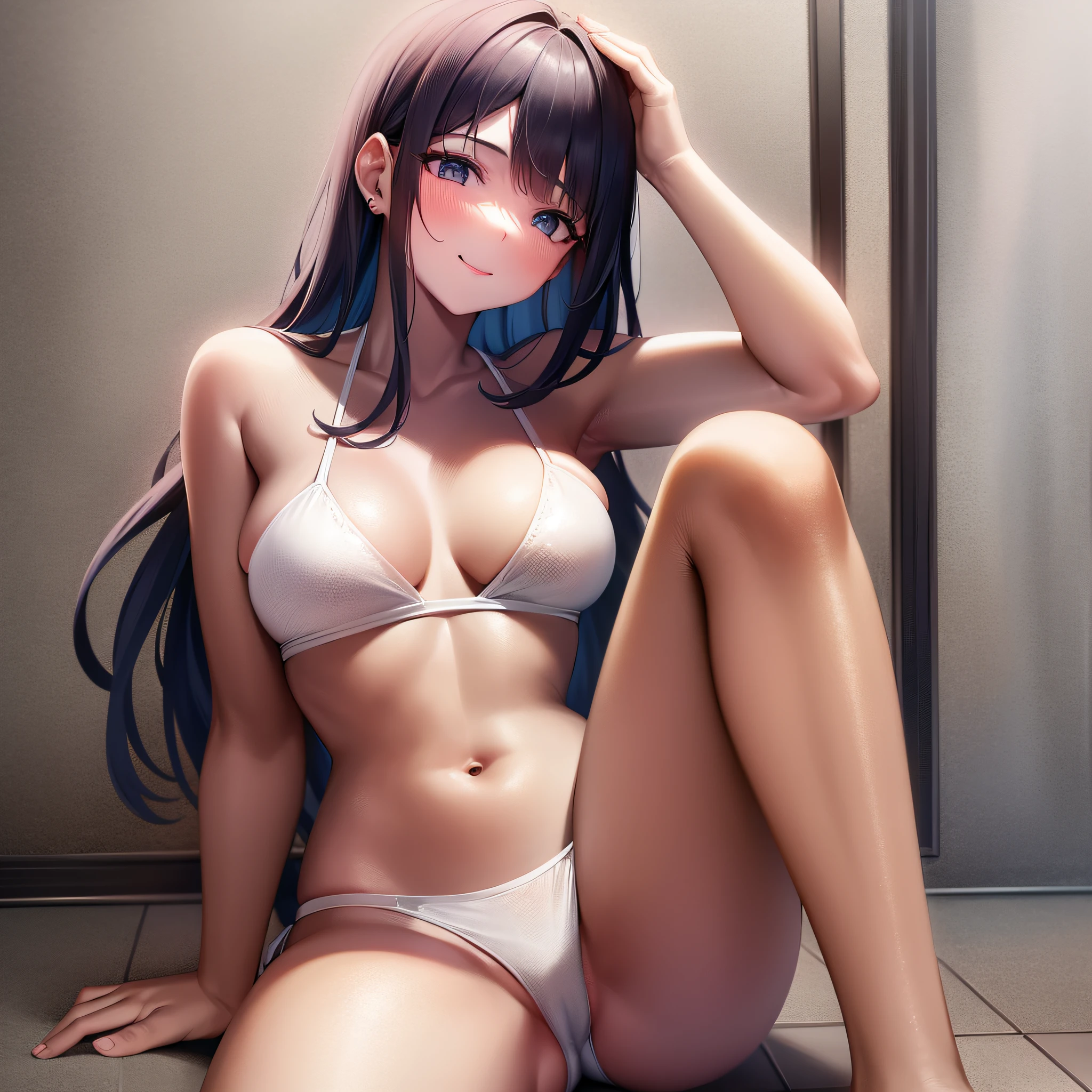 Seductive beautiful girl, smooth ketone body, sitting on the floor, white bikini, a pair of white detailed soles, blushing face, smile, white briefs, smooth legs