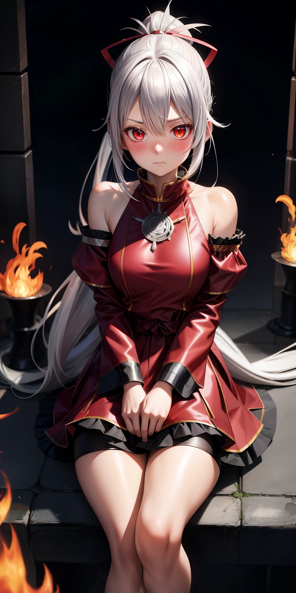 anime, girl alone, silver hair, ponytail, red eyes, fluffy clothes, sitting, upward-looking, blush, embarrassed, flames on background, pillar of fire, flames from hands