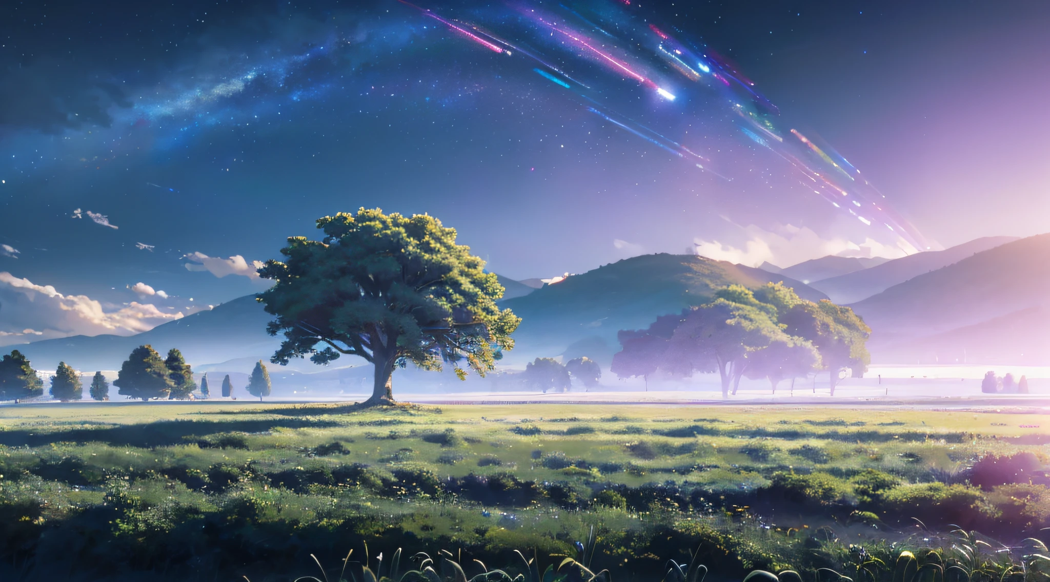 (extremely detailed CG unity 8k wallpaper, masterpiece, best quality, ultra-detailed), best illumination, magical tree, alone, mysterious, enchanting, vast field, subtle wind, moody sky, dreamlike. --auto --s2