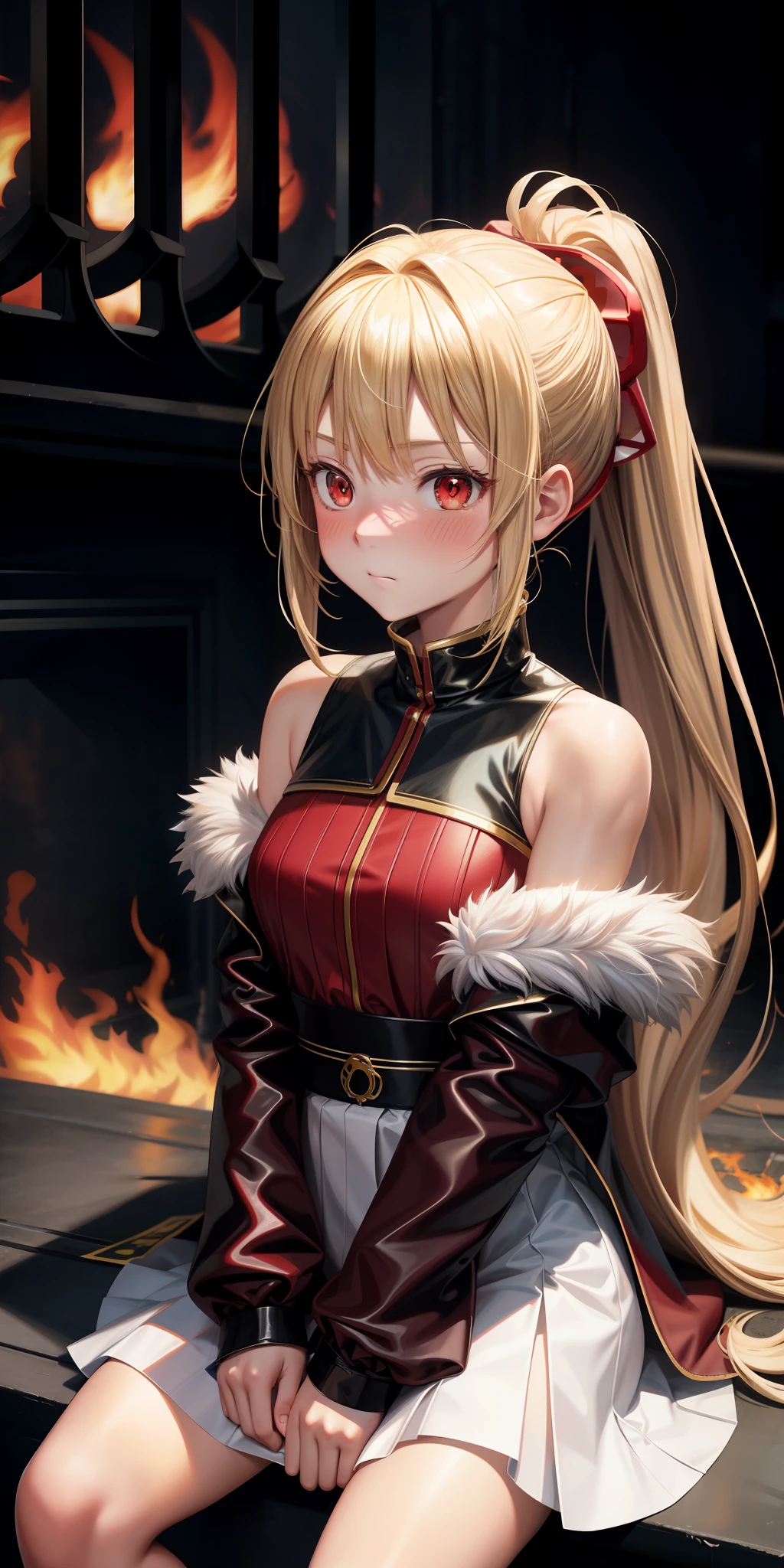 anime, girl alone, blonde, ponytail, red eyes, fluffy clothes, sitting, upward-looking, blush, embarrassed, flames on background, pillar of fire, flames from hands