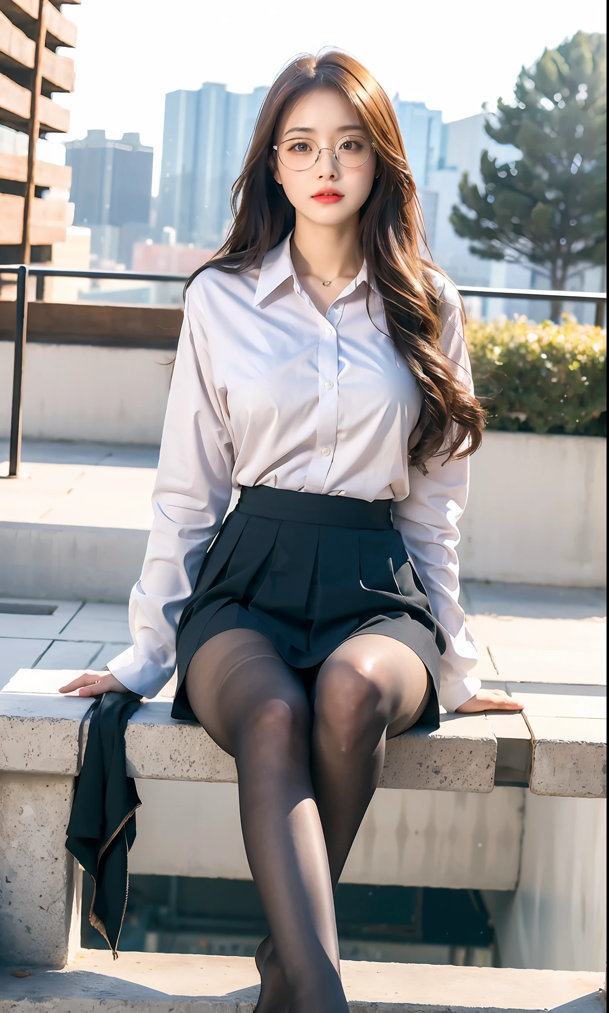 ulzzang-6500-v1.1, (raw photo:1.2), (photorealistic:1.4), beautiful detailed girl, very detailed eyes and face, beautiful detailed eyes, ridiculous, incredibly ridiculous, huge file size, super detailed, high resolution, very detailed, best quality, masterpiece, ((summer fashion clothes in different colors)), illustration, very detailed, CG, unified, 8k wallpaper, amazing, fine details, Masterpiece, best quality, very detailed CG uniform 8k wallpaper, light on face, cinematic lighting, 1girl, 16 years old, long white hair, side split, (big breasts), (no panties)), (glasses), ((dynamic pose))), ((sexy pose))), (camel toe), (half), (pantyhose), ((black hip skirt))), ((bent knees and legs sitting))