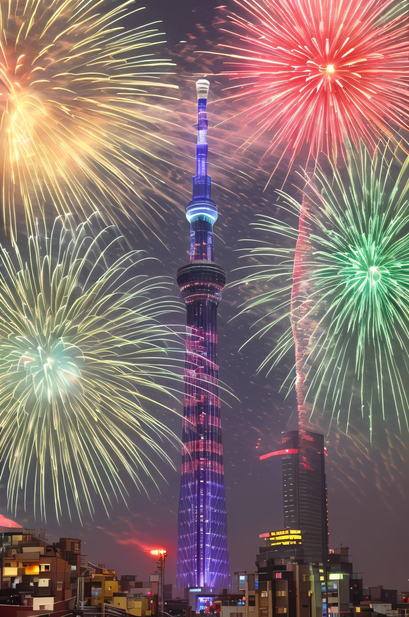 fireworks are lit up in the sky above a city skyline, [ fireworks in the sky ]!!, happy!!!, japan tokyo skytree, fireworks in background, fireworks in the background, vivid!!, fireworks, who was born in tokyo in 1964, grand!, new years eve, beautiful image, !!beautiful!!, firework, new tokyo, tokyo, stunning image