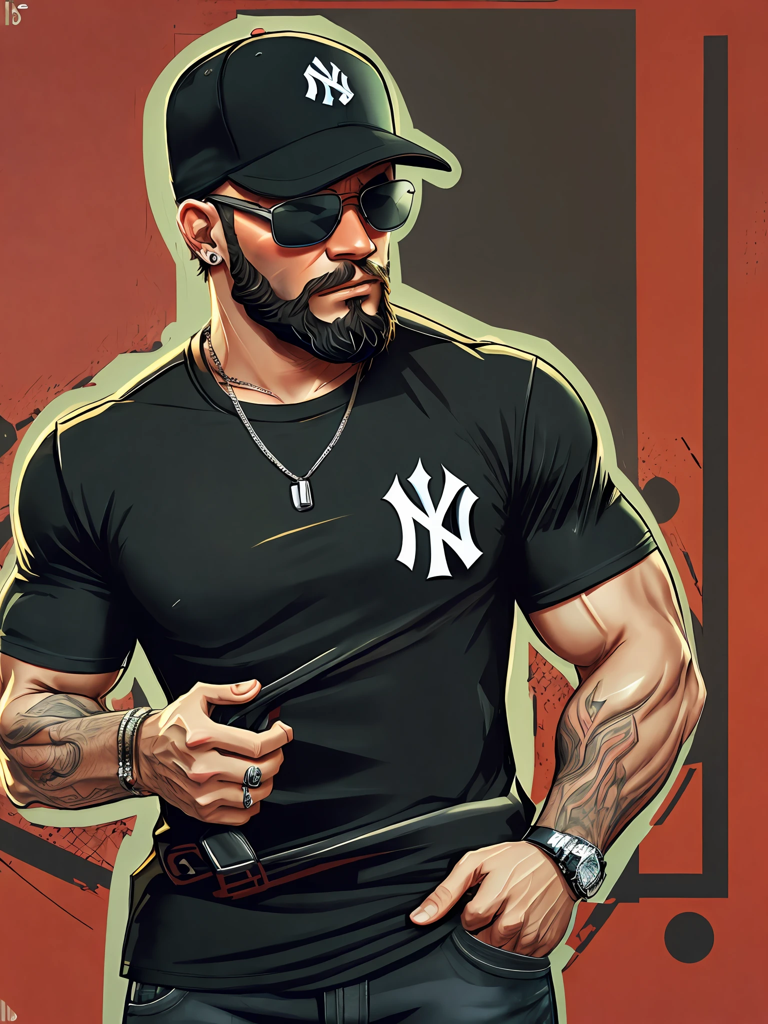 men, sunglasses, black new york yankees hat, black t-shirt, beard, muscles, hip hop, gta5