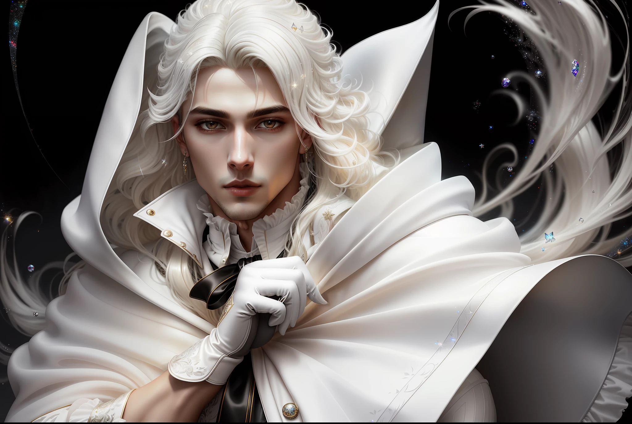 masterpiece, ultra detailed artistic photography of a beautiful guy vampire model, 1guy, perfectly drawn face, A white cloak fluttering in the wind, high heel knee high boots, leather gloves, art by alberto seveso, ink flow, 8k resolution, photorealistic, ultra-high quality, very long wavy platinum blonde hair, fashionable Victorian uniform, photoshoot set detailed background, covered navel, 32k, long hair, full lips, curvy guy, perfect anatomy, cinematic lighting, intricately detailed, complex, elegant, volumetric lighting, glitter