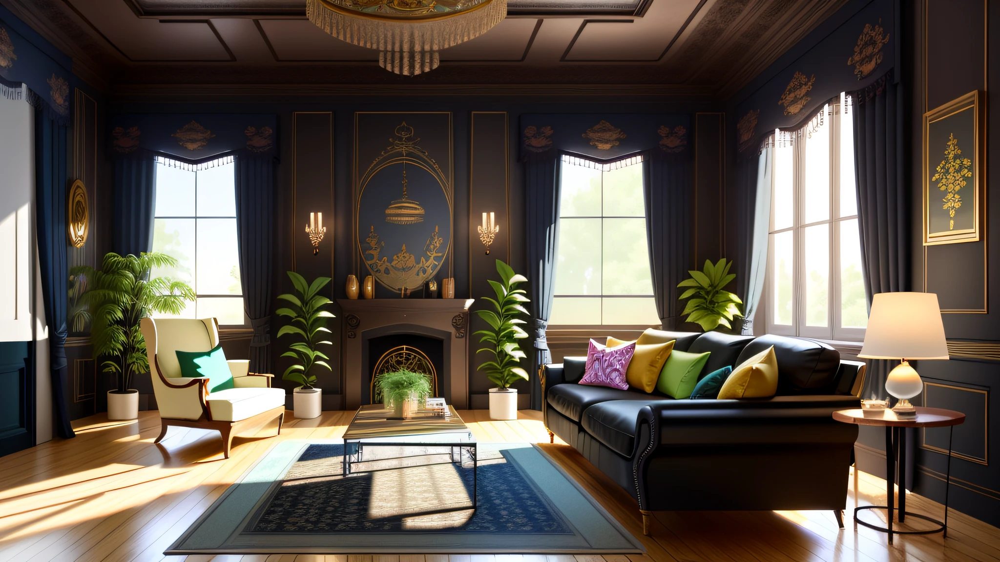 Architectural Digest photo of a maximalist black living room in another room{steampunk/solarpunk}, small size, with some plants on the walls, rainbow light, hyperrealistic surrealism, award-winning masterpiece with incredible detail, stunning epic