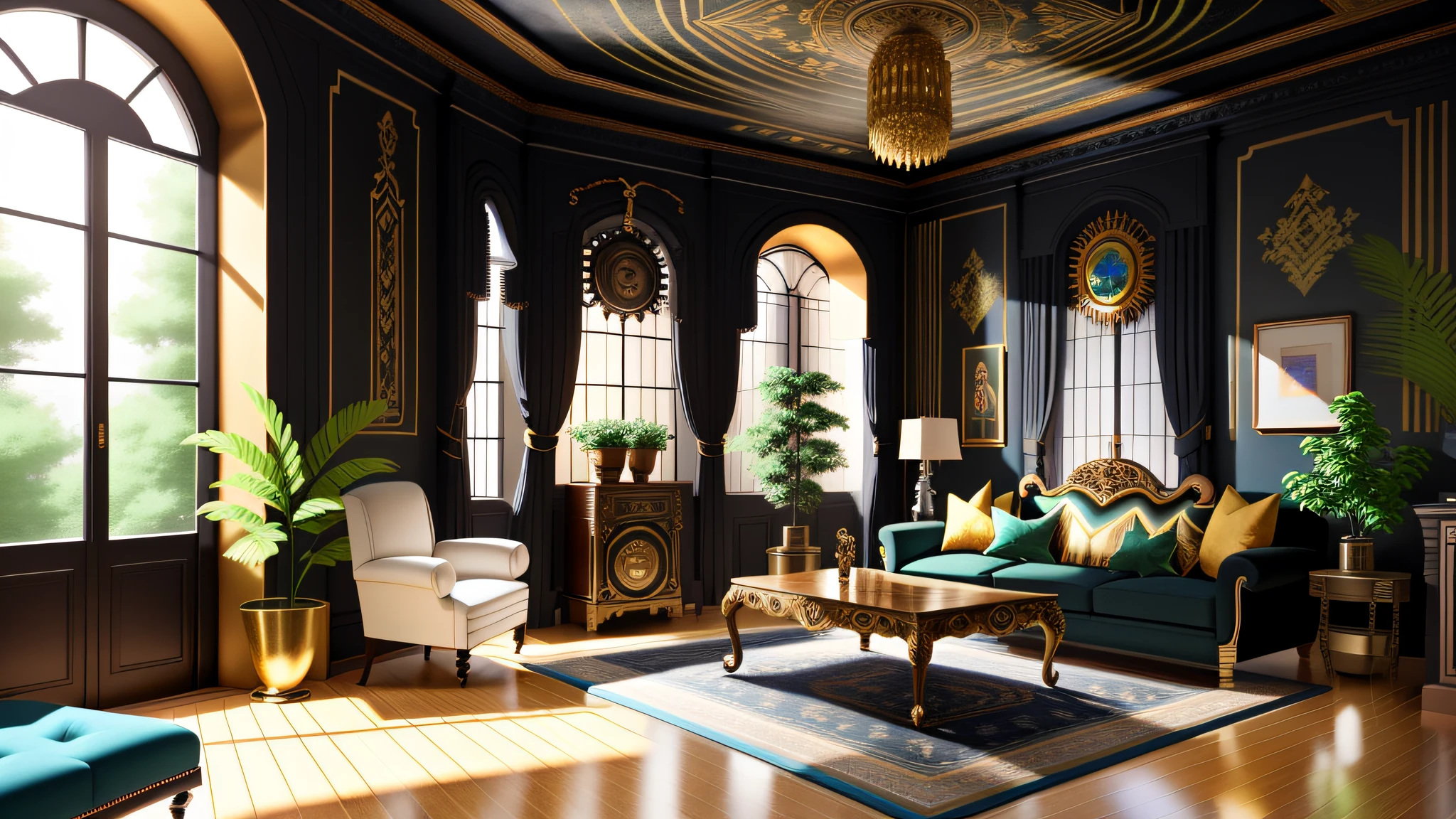 Architectural Digest photo of a maximalist black living room in another room{steampunk/solarpunk}, small size, with some plants on the walls, rainbow light, hyperrealistic surrealism, award-winning masterpiece with incredible detail, stunning epic