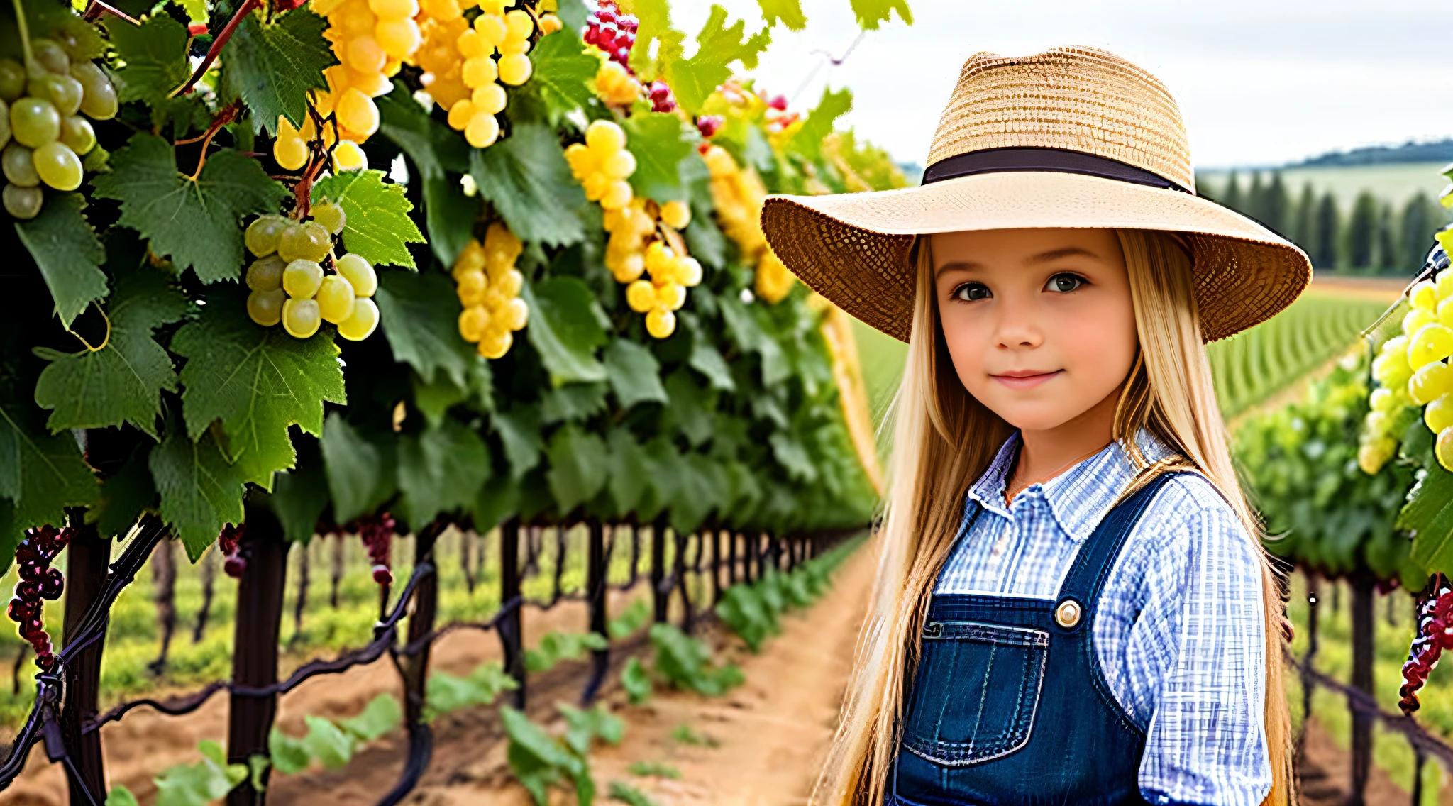 a girl BLONDE CHILD WITH LONG STRAIGHT HAIR AND FARMER'S HAT, PORTRAIT, CLOSE UP, there are many black grapes hanging from a vine in a vineyard, grapes, wine, translucent grapes, yellow and black grapes, translucent grapes closeup, grape, 1/30, elaborate composition, thick and dense vines, best-selling, vineyard, high-quality product image", by Karl Völker,  adult, f 2 0, harvest, award-winning masterpiece