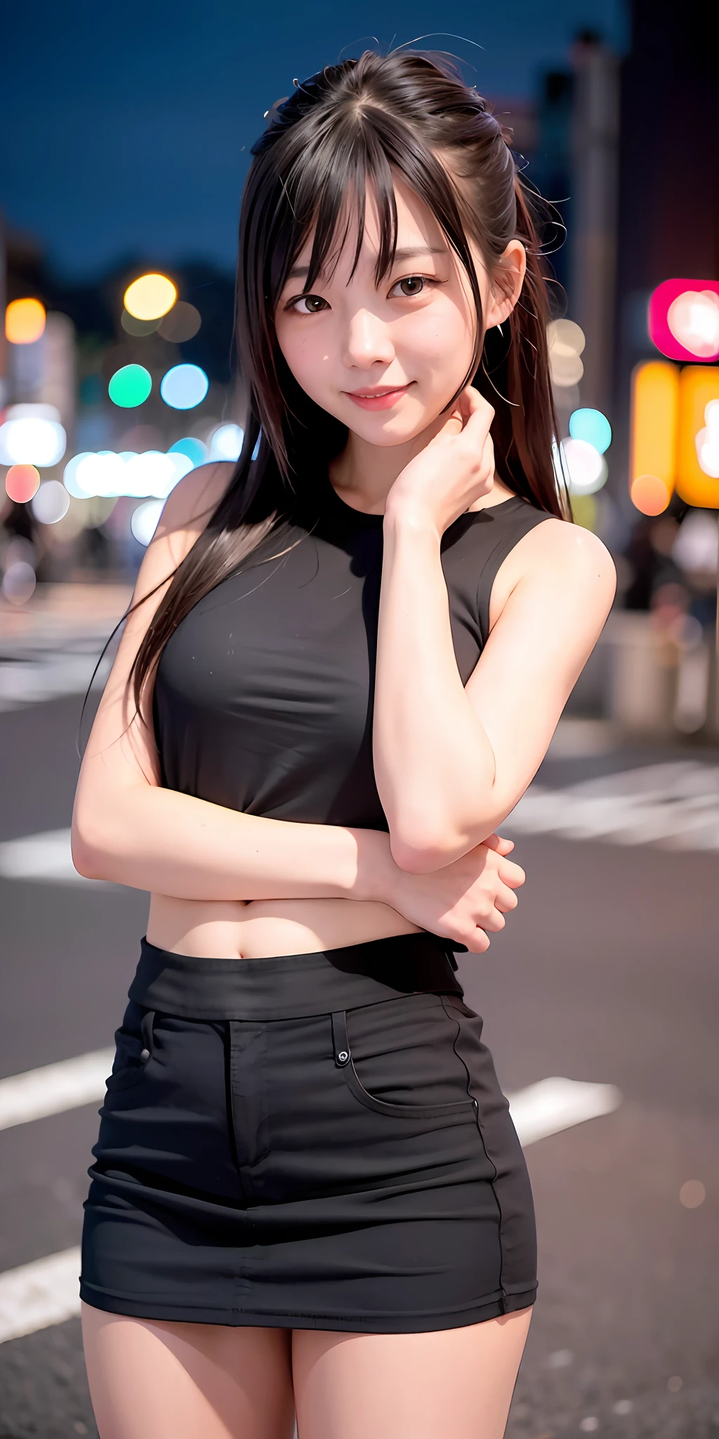 1 girl, Tokyo street, night, cityscape, city lights, upper body, close-up, smile, (8k, RAW photo, top quality, masterpiece: 1.2), (real, photoreal: 1.37), micro mini skirt, muscular