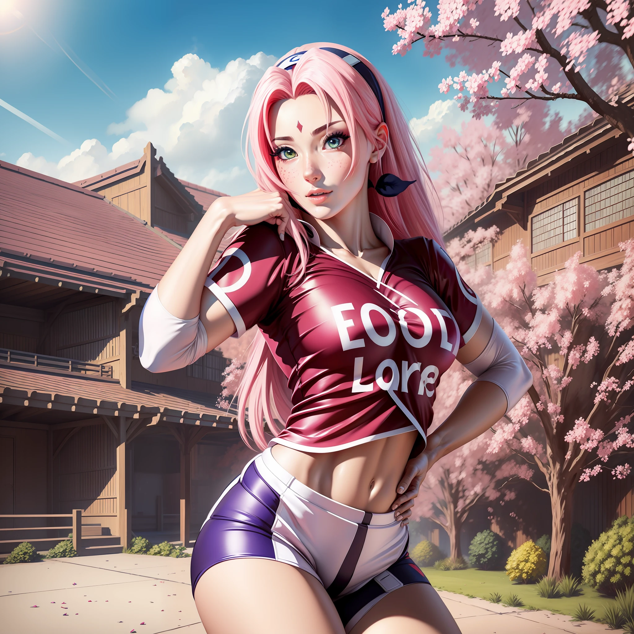 Sakura with the football shirt pose sexy anime super realistic and well detailed