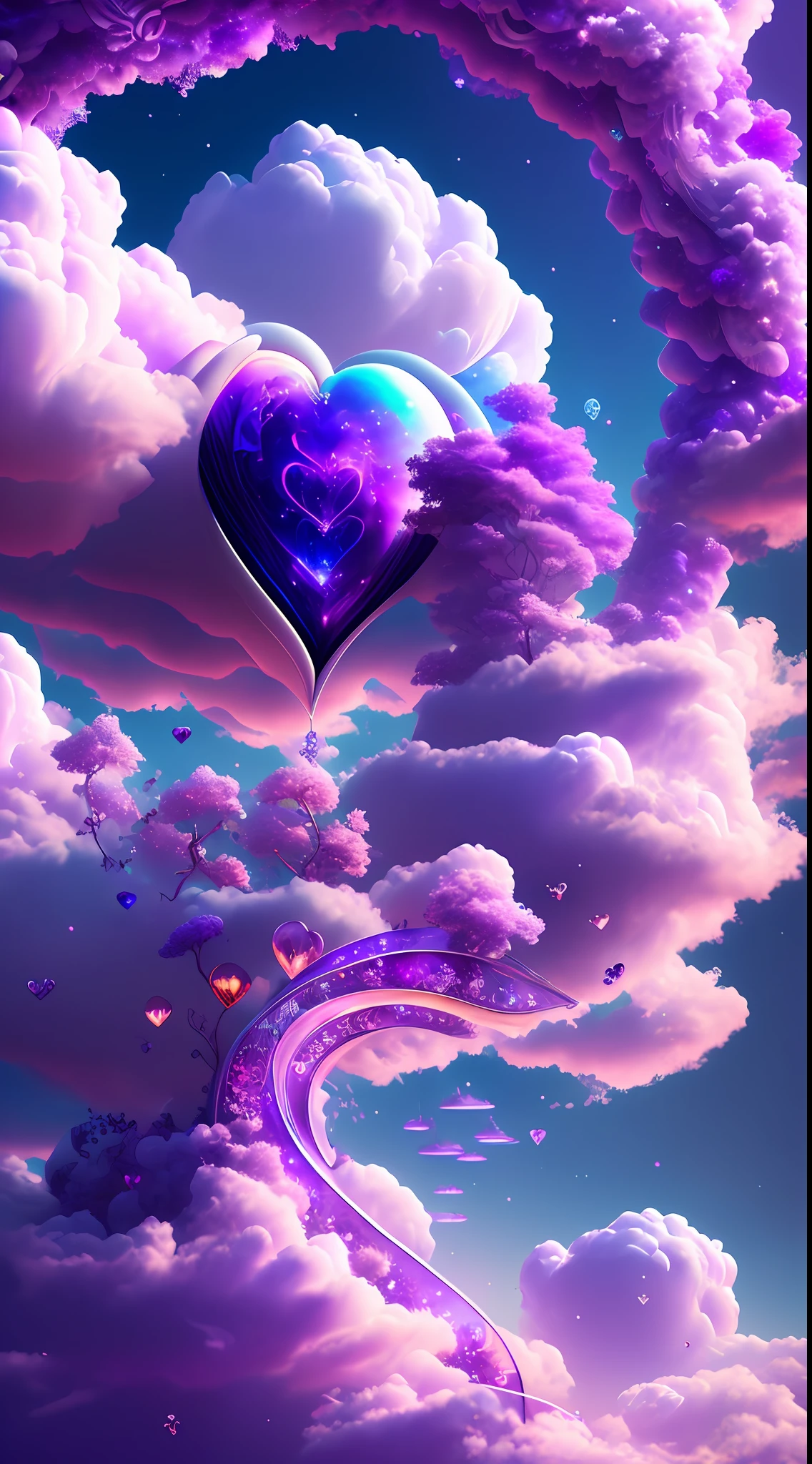 Dreamy World, Lucid Dreaming, Magical World, Colorful, Purple ((Heart Cloud 1.3)), Intricate Glass Arcs, Cherry Blossom Bloom, Blue Magic Energy Flowing Through the Heart, Trend on ArtStation, 8K, Highly Detailed, Clear Focus
