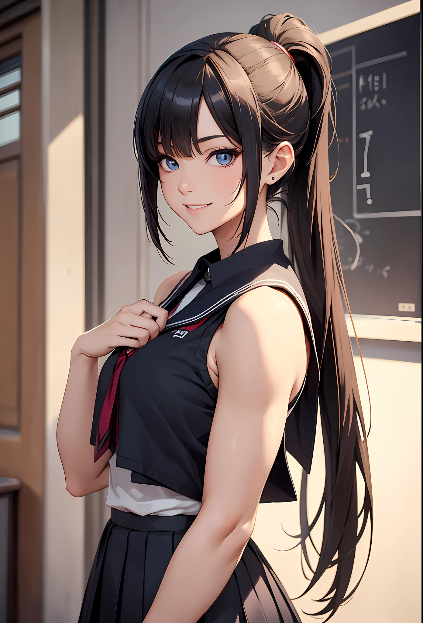 Best quality, masterpiece, realistic, 1girl, solo, university senpai, mature, tall, beautiful, kind, sweet smile, cool, edgy, college uniform, long ponytail, beautiful eyes, muscualar biceps