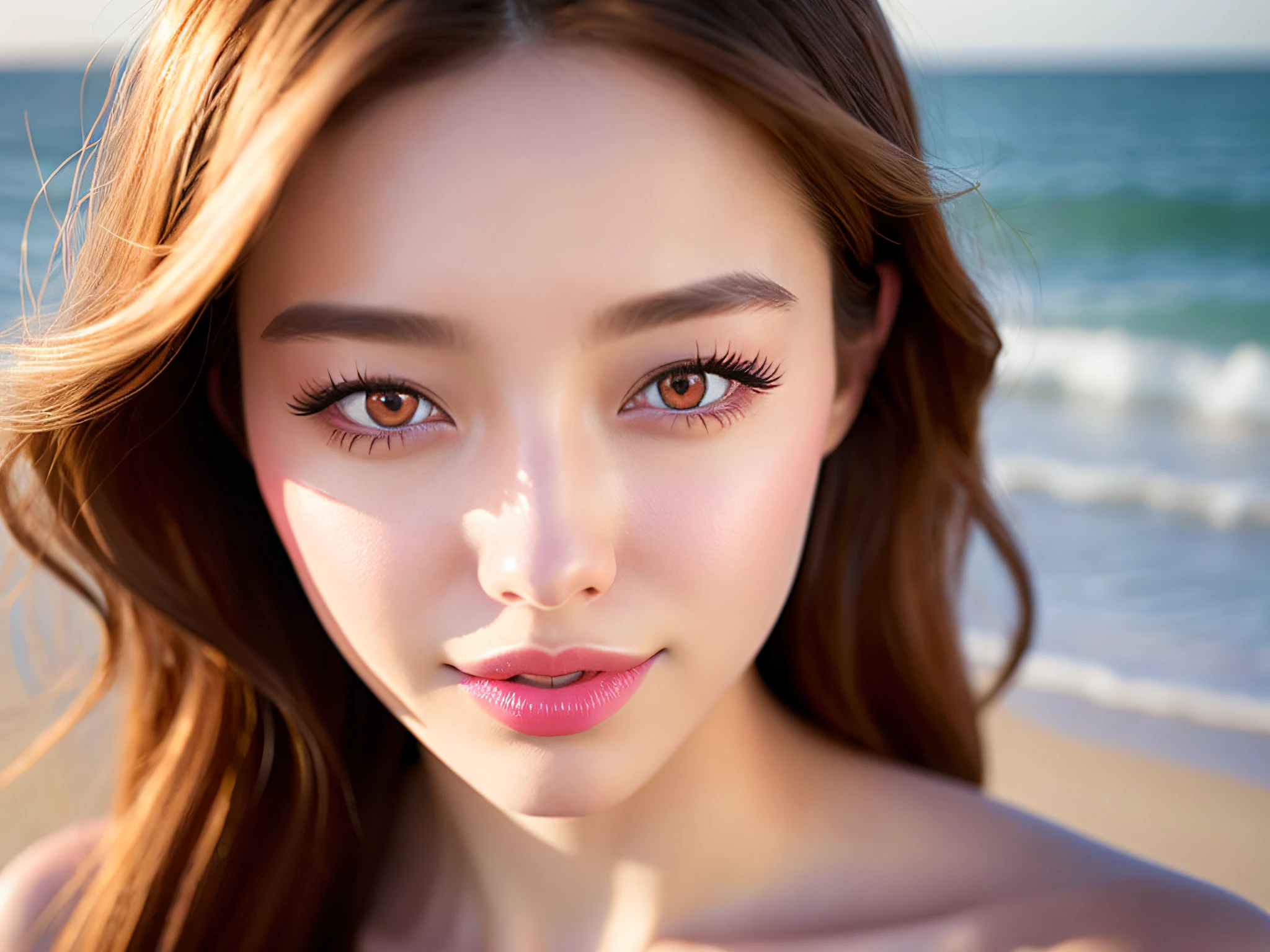 (young cute beautiful 20-year-old girl:1.2), 3d face, beautiful girl, Beautiful face, pretty, girl face, kpop idol, supermodel, stunning innocent symmetry face, perfect body, medium breast, slim waist, slim legs, (high detailed skin:1.4), glasses , glowing eyes, goddess, natural skin texture, shiny skin, White skin, Beautiful detailed face, detailed face, real skin texture, cute delicate face, finely detailed face, golden ratio, golden ratio face, expressive eyes, perfect face, perfect skin, flawless face, clear face, shiny hair, long hair, pale skin, Proper body proportion, perfect anatomy, realistic skin texture, luscious lips, glossy lips, natural makeup, beautiful bright pupils, slender figure, intricate eyes, detailed pupils, detailed face and eyes, long eyelashes, blush, good hand, perfect hands, pretty face, beautiful female bodies, finely detailed skin, oily shiny skin, 1girl, solo, mole on the lips, looking at viewer, professional lighting, photon mapping, radiosity, physically-based rendering, lens 135mm, f1.8, close-up, head out of frame, looking at viewer, smile, so pretty, breasts, medium breasts, slim, (outdoors, nightlight, Korea style ), (pink eyes, brown hair, long hair, Pink eyelashes:1.4), (Pink lips, Pink lip colour, Eyes glowing Pink:1.4), (messy hair, blush, open mouth, smile, iridescent colors, flat bangs:1.3), on the beach background, sandy beaches, sea, sea waves, on the beach, waterways, beautiful sandy beaches details Nature), (Luminescent Particles:1.2), (mysterious, fantasy, fantasy background:1.5), (fullbody:1.2), (eye focus, face focus, character focus, close-up face:1.2),using a RED Monstro 8K VV camera and a series of high-end lenses))), ((Hasselblad photography)), (film grain:1.4), kodak portra 400, ((Fujifilm X-T5)), professional photograph, high resolution scan, photographic reality, automatic white balance, best lighting, (PureErosFace_V1:0.4), (ulzzang-6500:0.6),