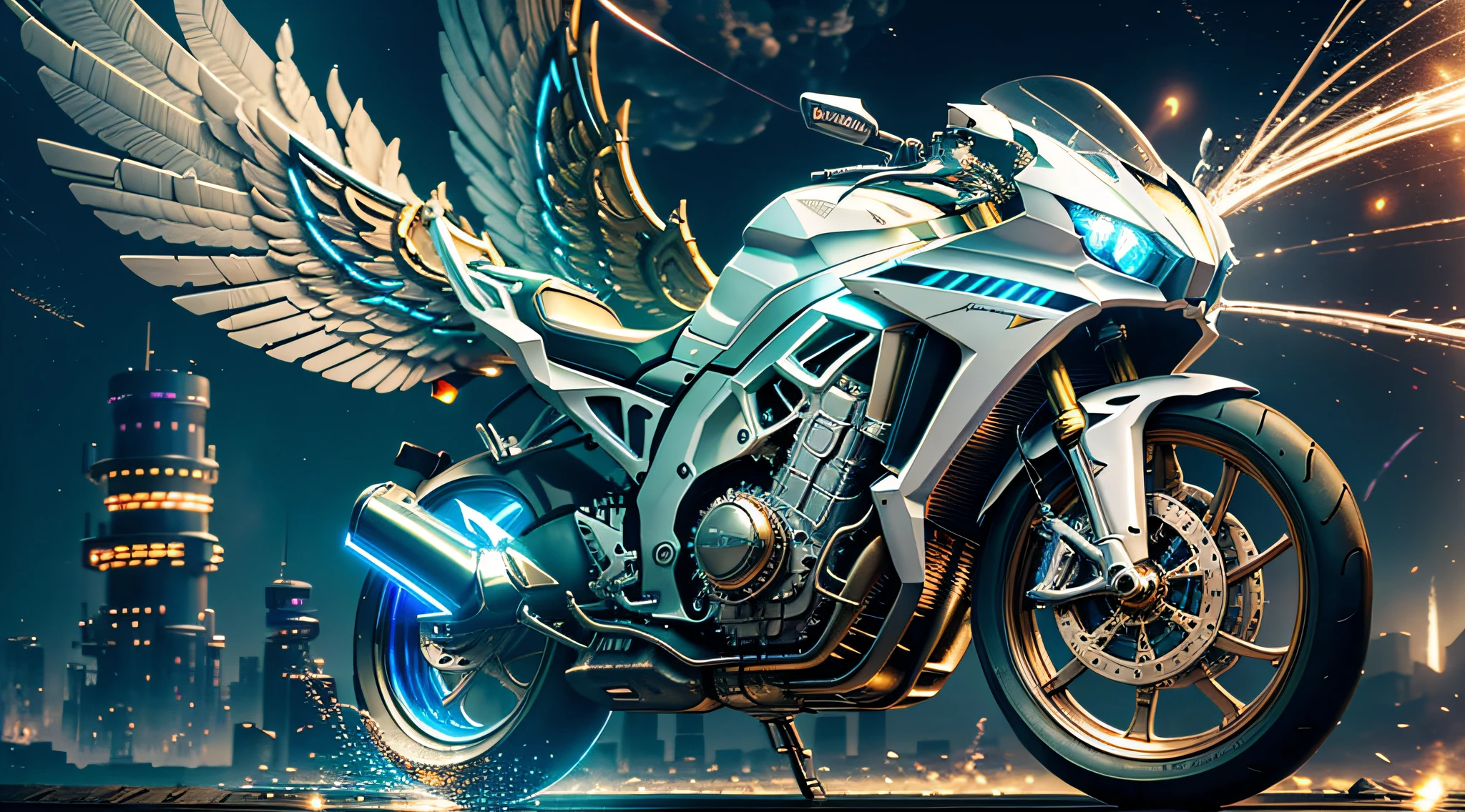 Steampunk style, cool tones, cinematic effects, motion photography, Fuji, long exposure, futuristic sci-fi white-gold superbike, motorcycle flanked by metallic wings, wings are feathers with layers, wings have ambient lights, light and shadow, particle light, particle special effects, blue flames erupting from the tail, ambient lights, surreal sci-fi city in the background, aesthetic, 8K, top painting, concept art, epic composition, with HD details, metallic texture and tension composition, hyper-realistic, ultra-realistic, rich in detail, 3D.