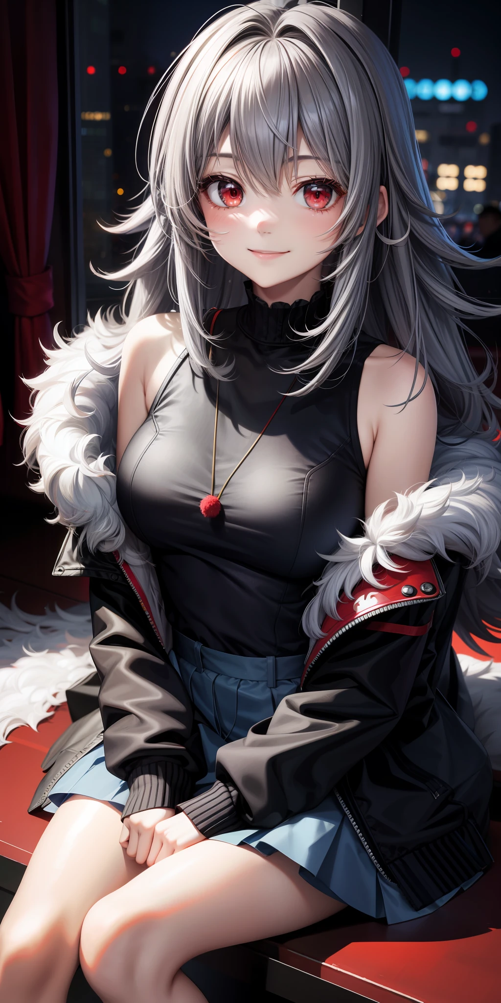 anime, single girl, permed gray hair, red eyes, fluffy clothes, sitting, upward-looking, smiling