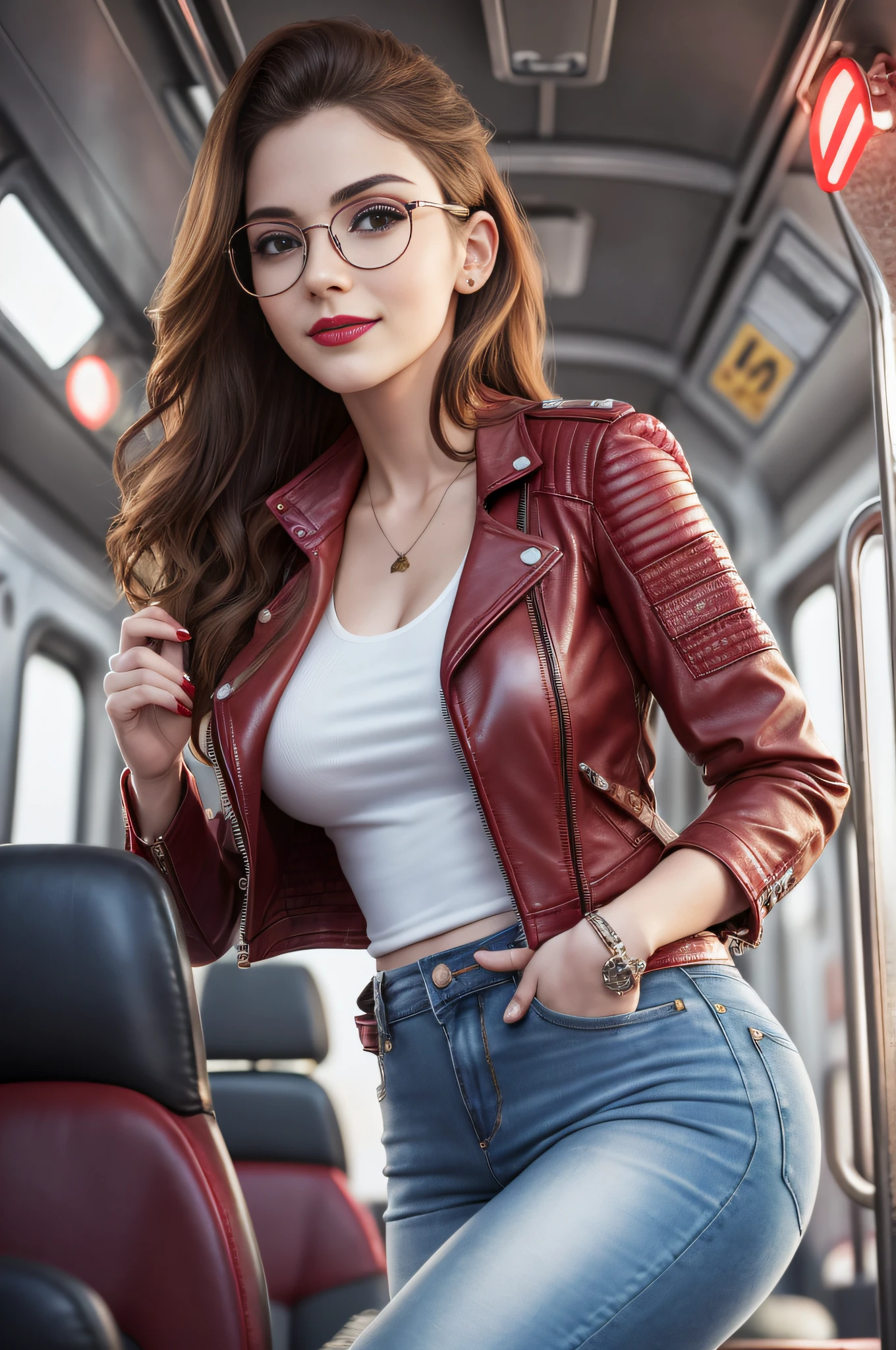 absurdres, RAW photo, highest quality, (masterpiece: 1.3), high detail RAW color photo, professional photo, extremely detailed CG 8k wallpaper unit, photo-realistic, realistic, RAW photo, masterpiece, best quality, highres, illustration,
1girl, 22 YEARS OLD, short, white, brown hair, Average length, thin legs, perfect gorgeous face, bright red lipstick, beautiful bright realistic eyes, round metal glasses, pale skin, detailed skin texture, natural large breasts. Smile. She looks amazing. Rocker style. Elegant.
(Leather jacket, blouse. Jeans. simple design), On a train. Night.
