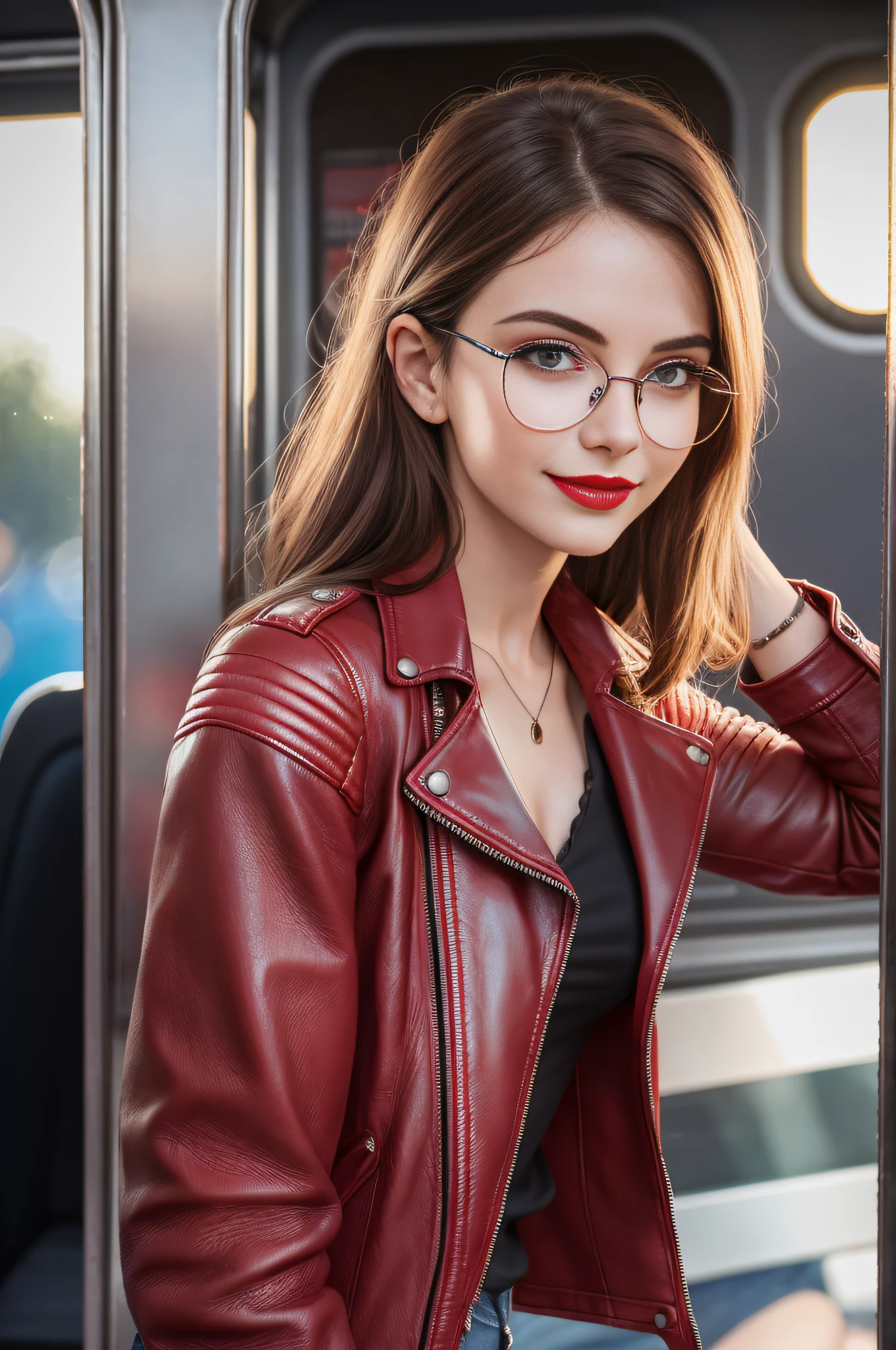 absurdres, RAW photo, highest quality, (masterpiece: 1.3), high detail RAW color photo, professional photo, extremely detailed CG 8k wallpaper unit, photo-realistic, realistic, RAW photo, masterpiece, best quality, highres, illustration,
1girl, 22 YEARS OLD, short, white, brown hair, Average length, thin legs, perfect gorgeous face, bright red lipstick, beautiful bright realistic eyes, round metal glasses, pale skin, detailed skin texture, natural large breasts. Smile. She looks amazing. Rocker style. Elegant.
(Leather jacket, blouse. Jeans. simple design), On a train. Night.