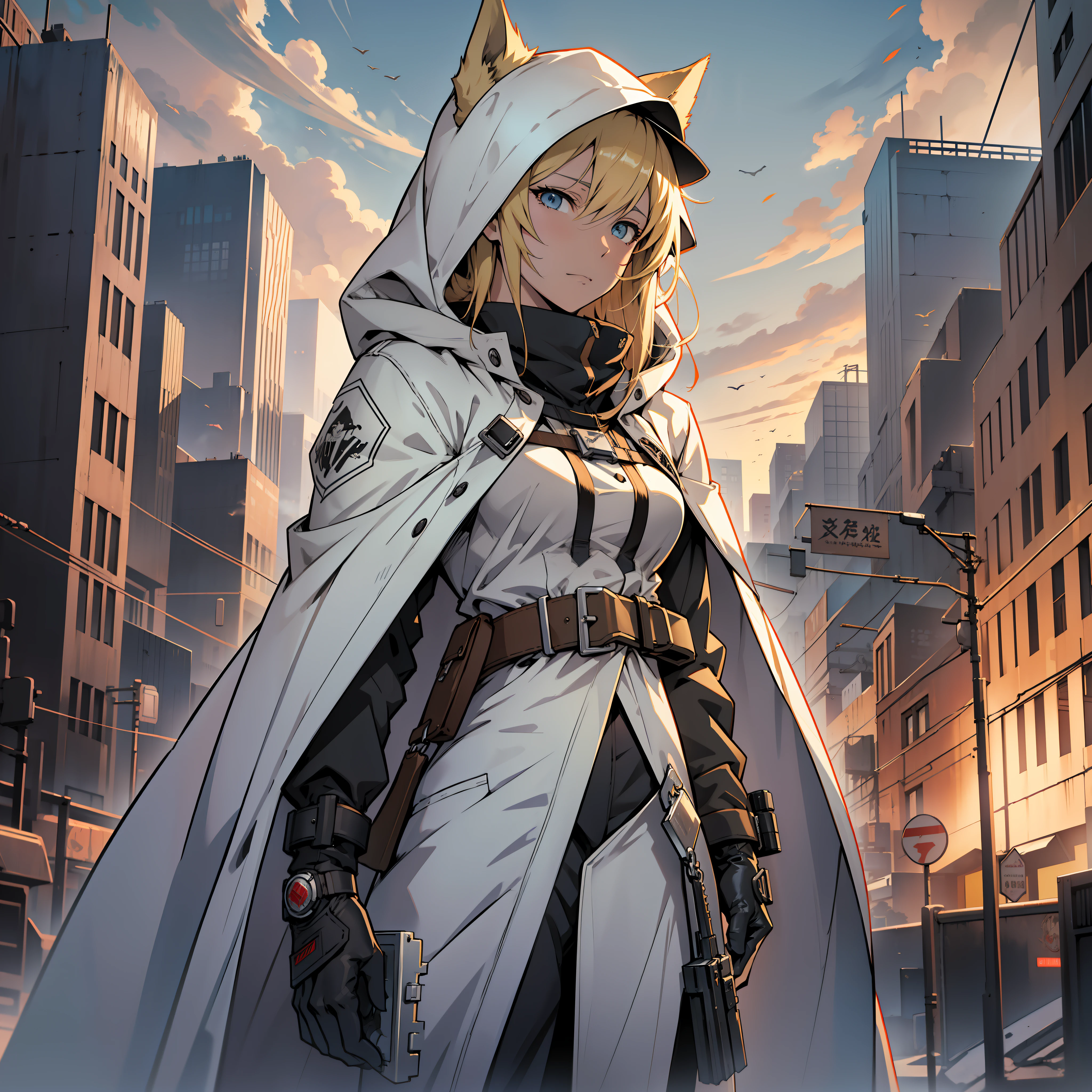 Sad dusk city background, colorless translucent hooded trench coat, blonde, gunslinger, horse ear, spirited royal sister, ark of tomorrow, best quality, high resolution, best quality, high quality, detailed key anime art, best anime --auto --s2