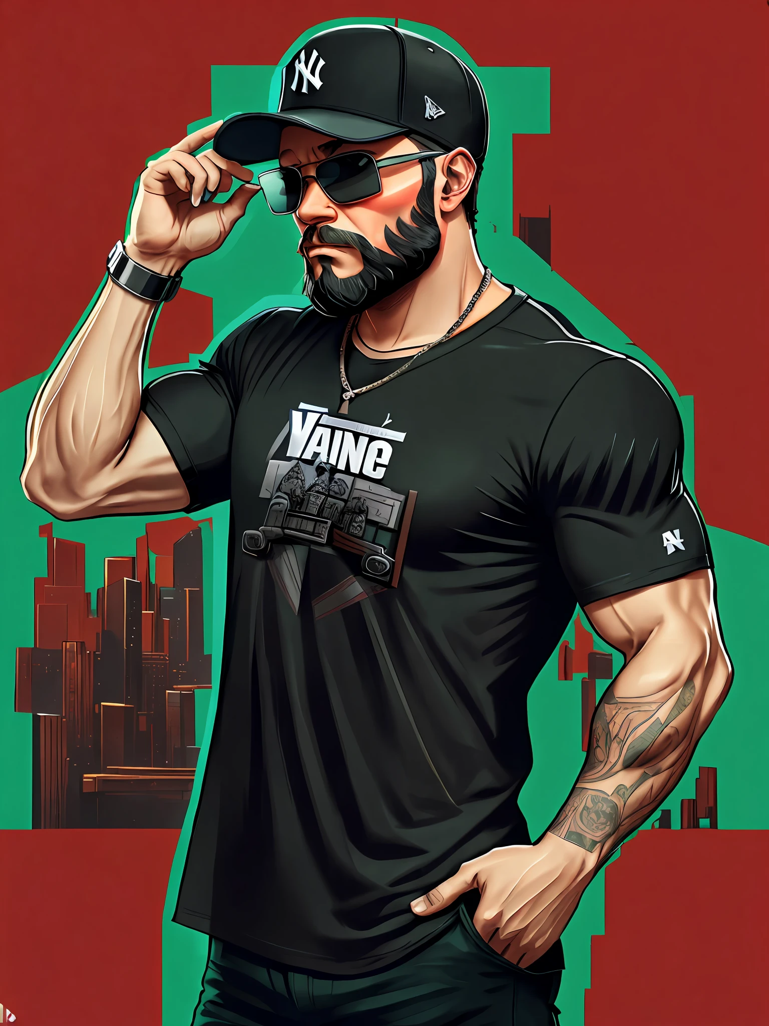 men, sunglasses, black new york yankees hat, black t-shirt, beard, muscles, hip hop, gta5