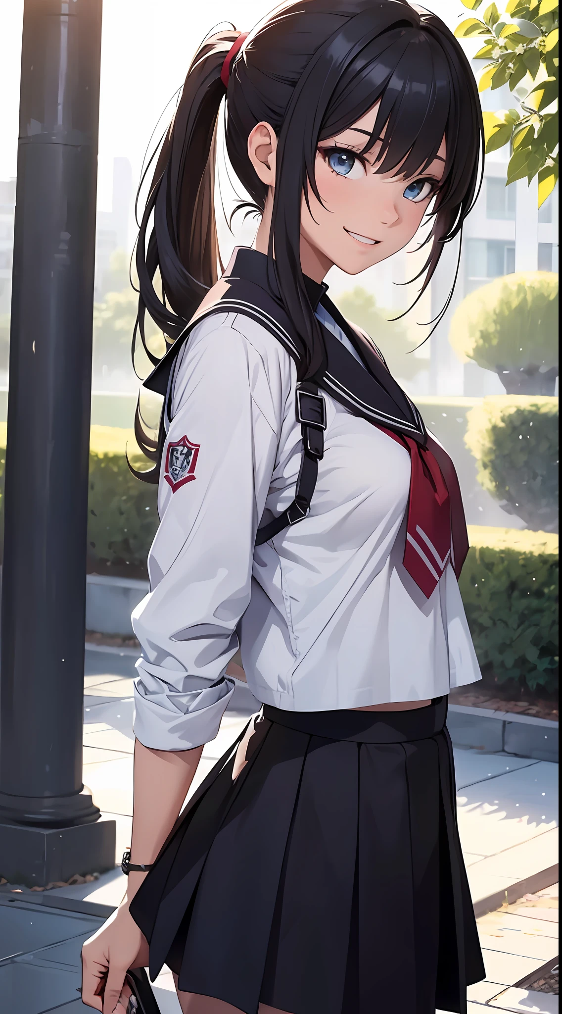 16K, ultimate resolution, best quality, masterpiece, realistic, 1girl, solo, university favorite senpai, beautiful university uniform, mature, cool, edgy, beautiful, kind, beautiful smile, long pony tail, beautiful eyes, loving nature