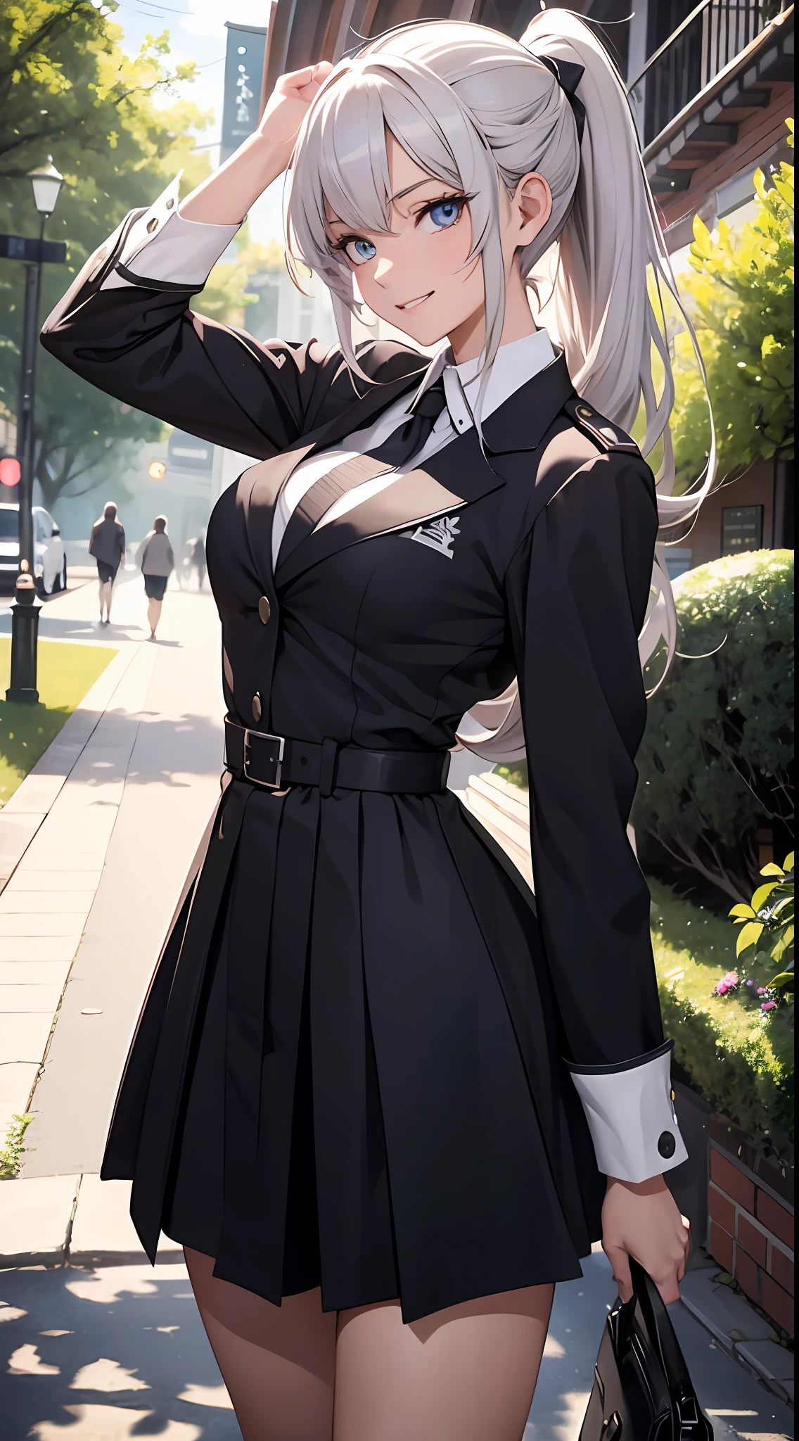 16K, ultimate resolution, best quality, masterpiece, realistic, 1girl, solo, university favorite senpai, beautiful university uniform, mature, cool, edgy, beautiful, kind, beautiful smile, long pony tail, beautiful eyes, loving nature