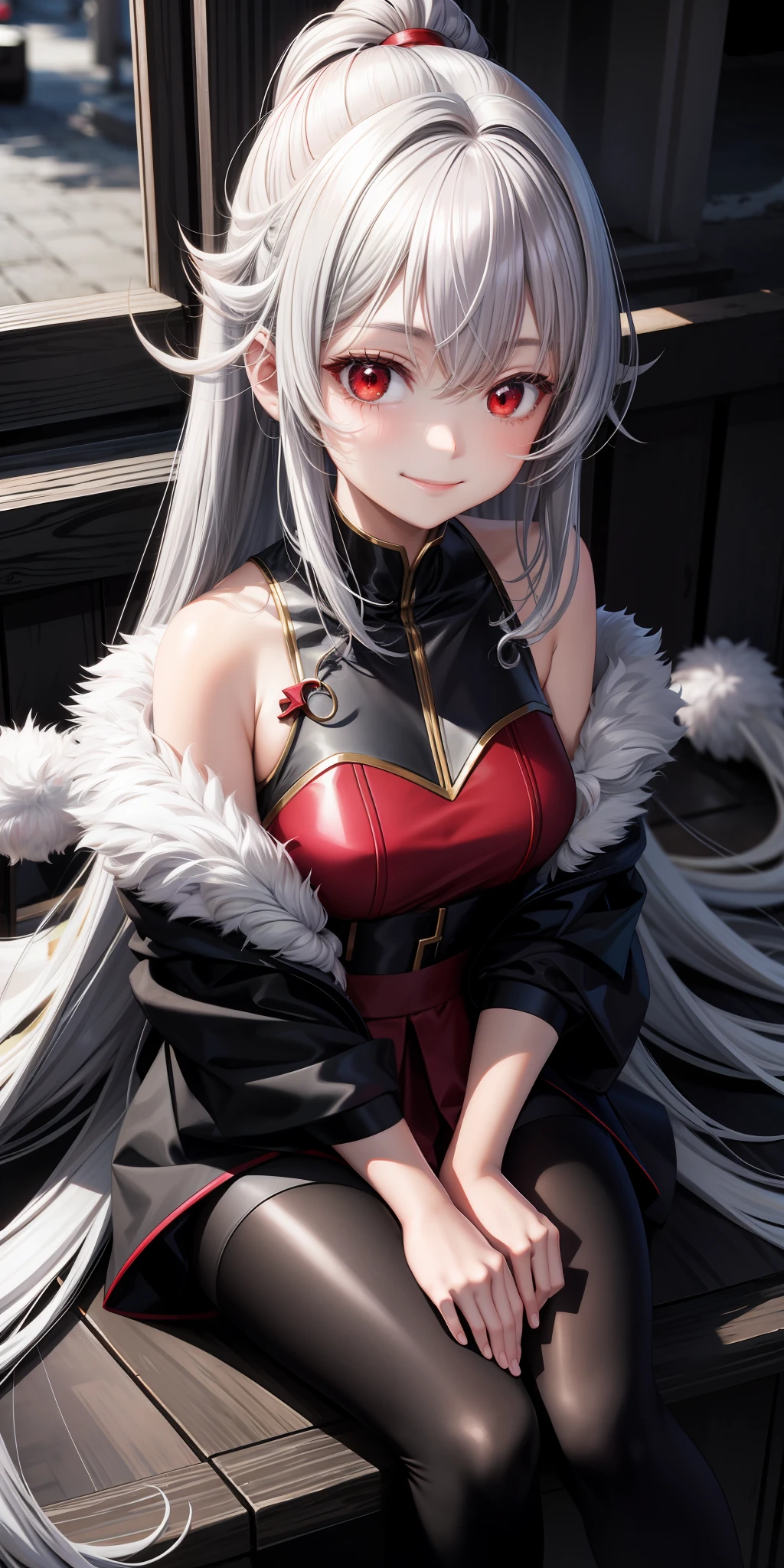 anime, 1 girl, permed silver hair, red eyes, fluffy clothes, sitting, upward-looking, smiling