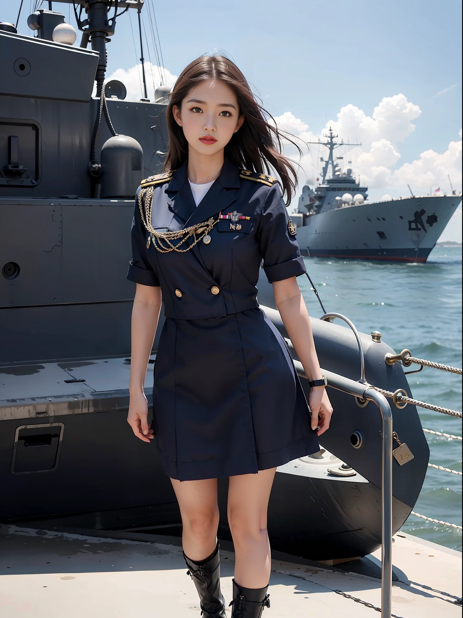 1girl,Navy officer dress, stand on the war ship,the blue sea background,very smart,
best quality, masterpiece, (photorealistic:1.4),