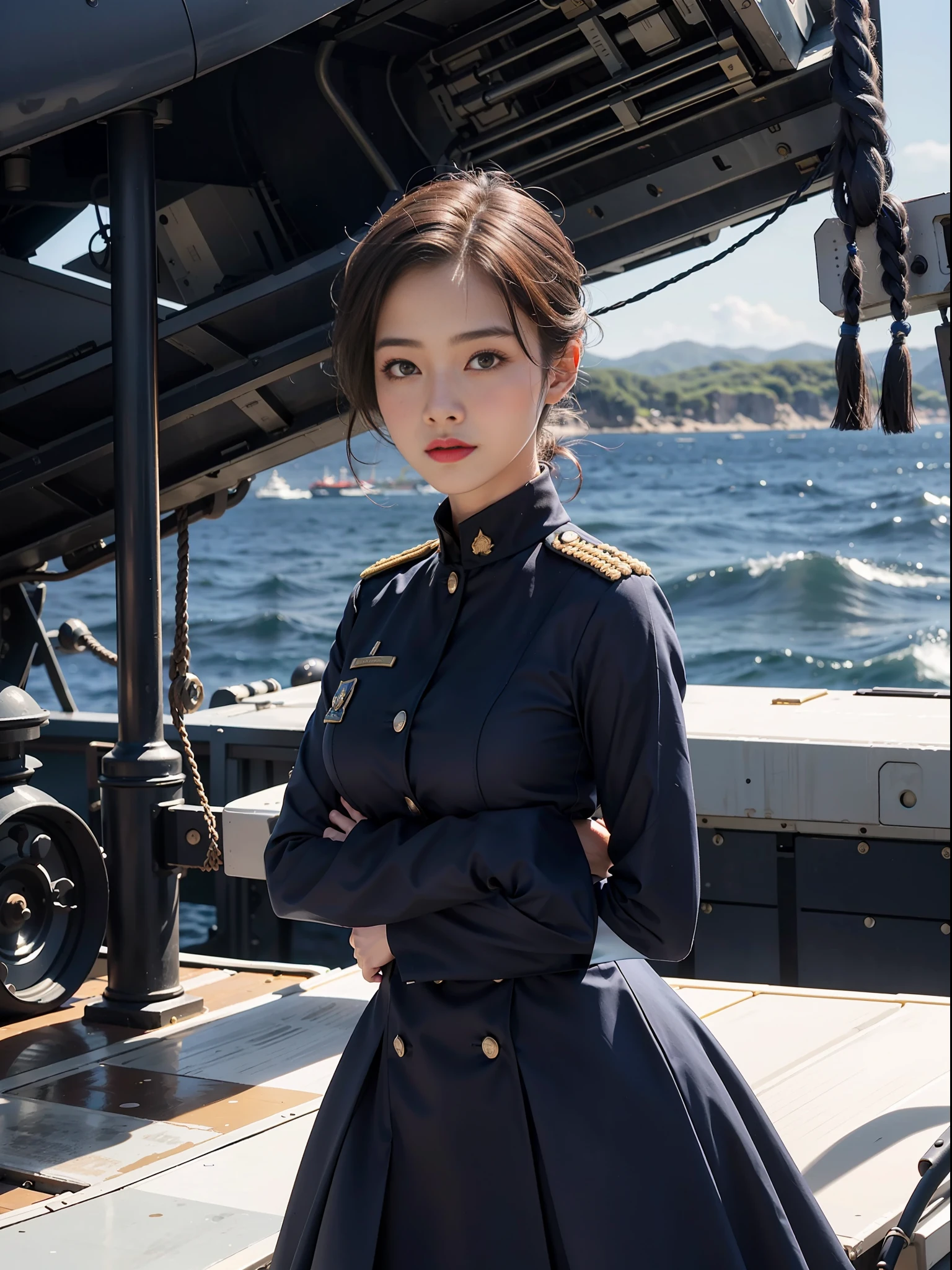 1girl,Navy officer dress, stand on the war ship,the blue sea background,very smart,
best quality, masterpiece, (photorealistic:1.4),