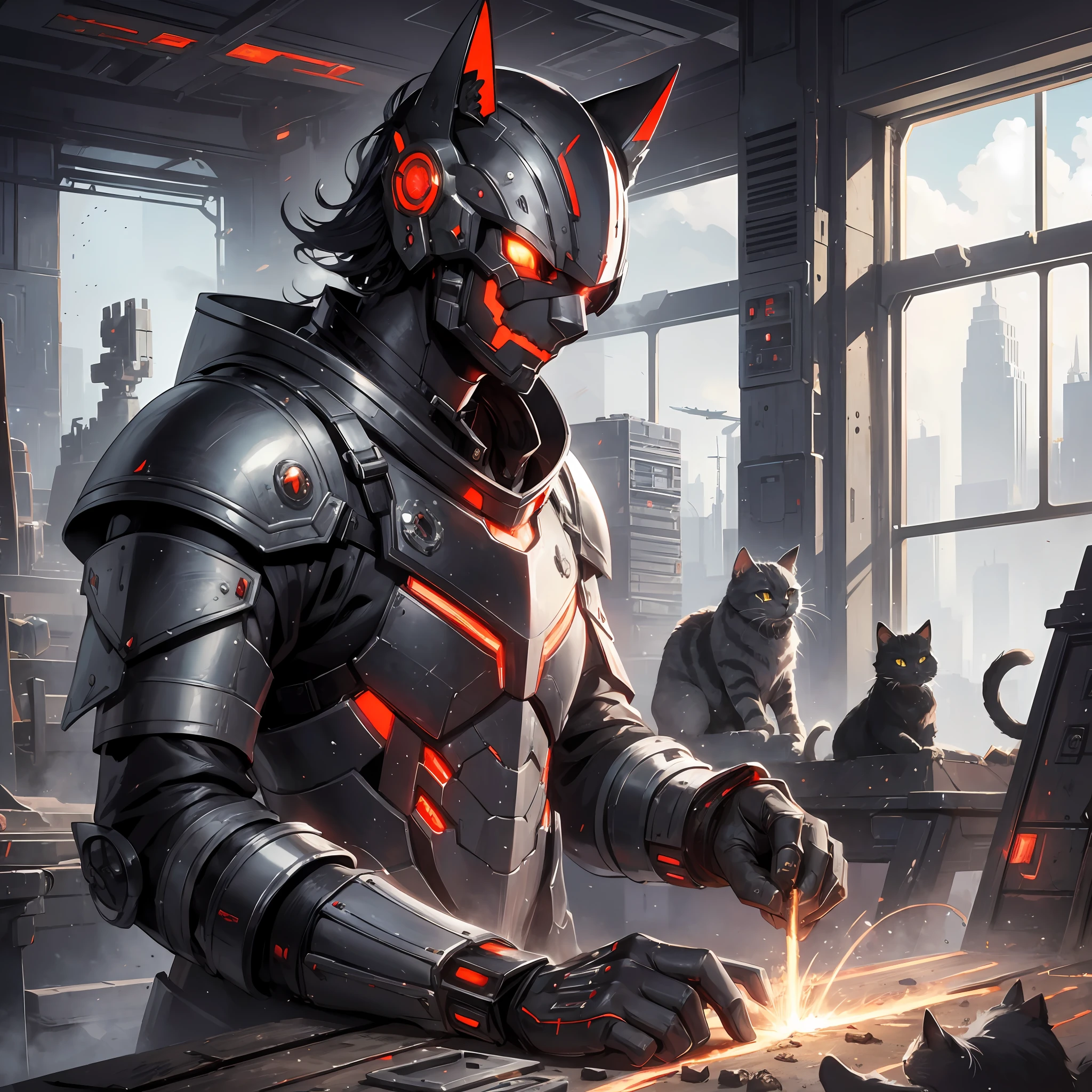 cat in futuristic armor, spaceships,great explorer, eyepieces, finely detailed armor, looking away, encrusted with skulls, black and red, dark tones, blacksmith workshop in the background, sparks, cinematic lighting, hyper realistic --auto --s2