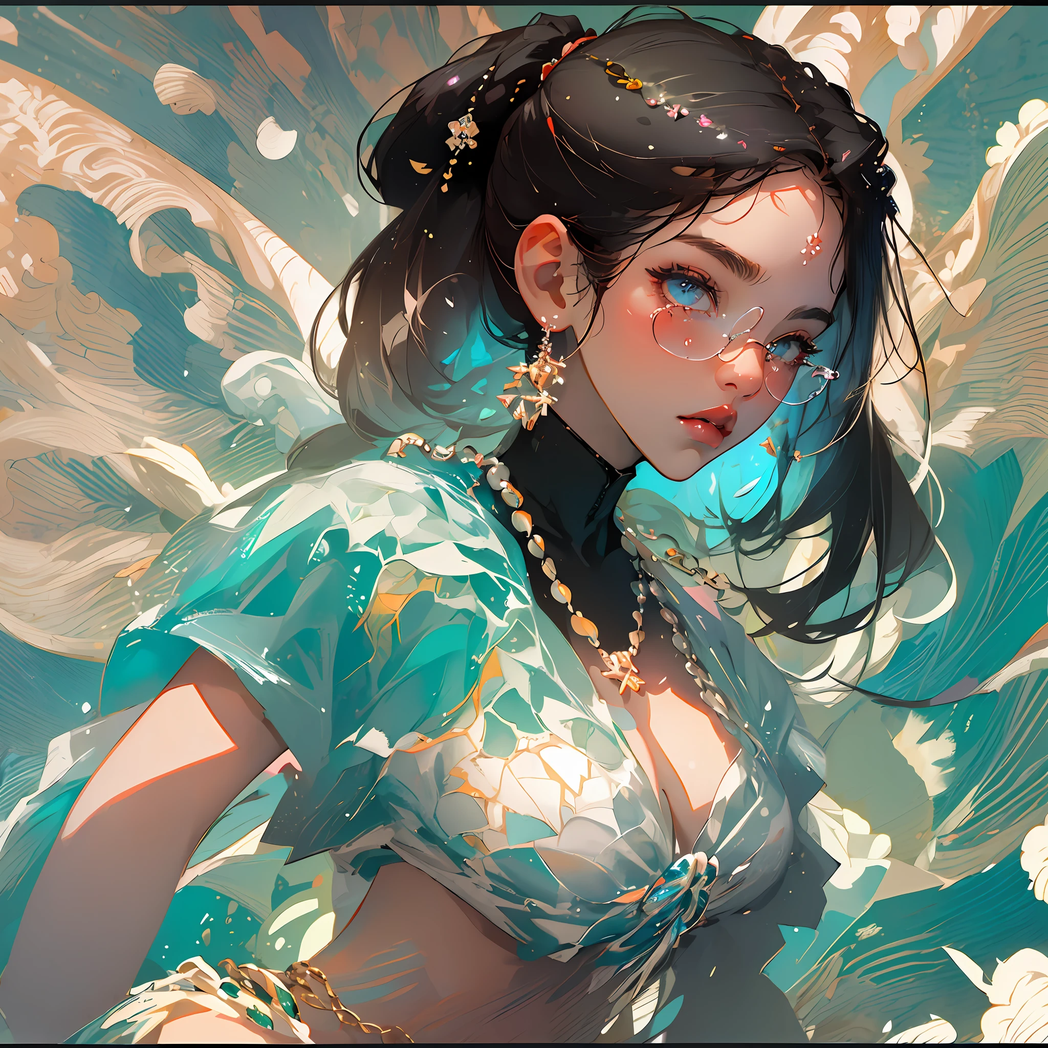 (Strong woman:1.2, Japanese manga style:1.3), white, bikini, the sea, white sand, sunglasses, (black hair:1.1, ponytail), (3 fish = bikini, earrings, necklace), sea breeze, posing on her back, high saturation. --auto --s2