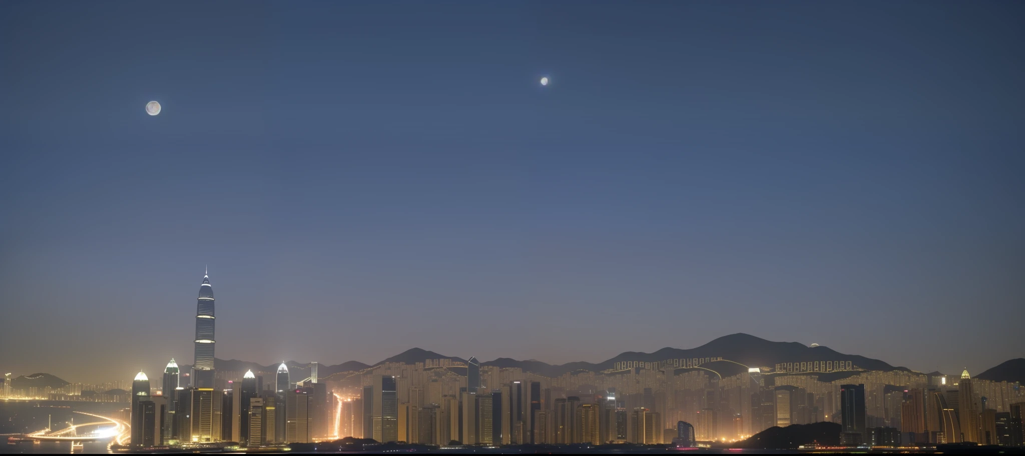 araffe view of a city at night with a full moon in the sky, a still of kowloon, 4 0 9 6, night time footage, city, 1 8 mm wide shot, twilight ; wide shot, skyline showing, twilight city on the background, night city in the background, city lights in the background, from the distance