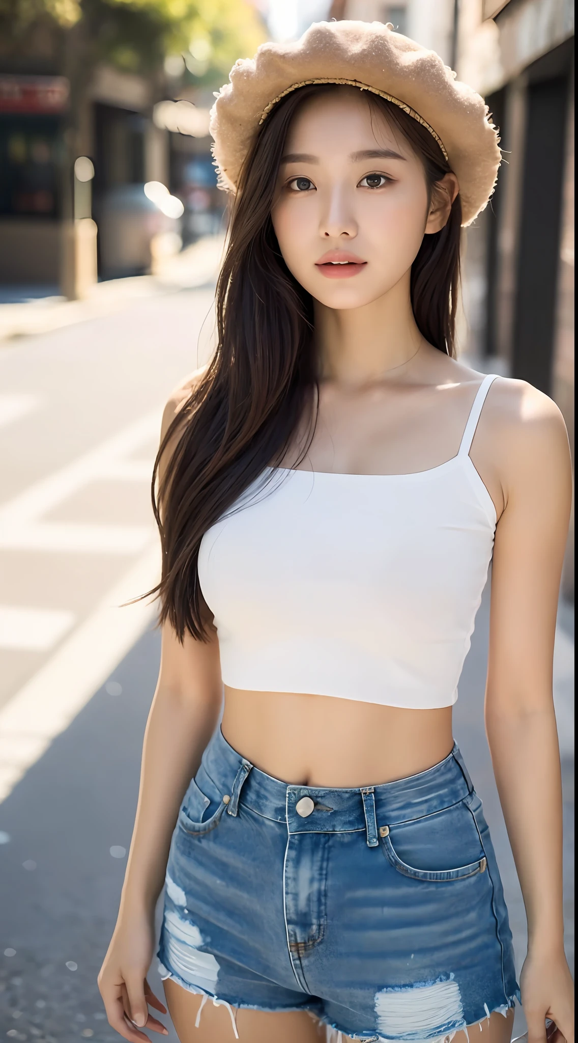 ((Best Quality, 8K, Masterpiece: 1.3)), (Flower Cap: 1.3), Focus: 1.2, Perfect Body Beauty: 1.4, Buttocks: 1.2, (Layered Haircut: 1.2)), (Dark Street: 1.3), Highly Detailed Face and Skin Texture, Full Body, Fine Eyes, Double Eyelids, Whitened Skin, Long Hair, (Round Face: 1.5), (Loose Crop Top, Shorts: 1.6), Realistic Image, Skin Texture, Light and Shadow Effects