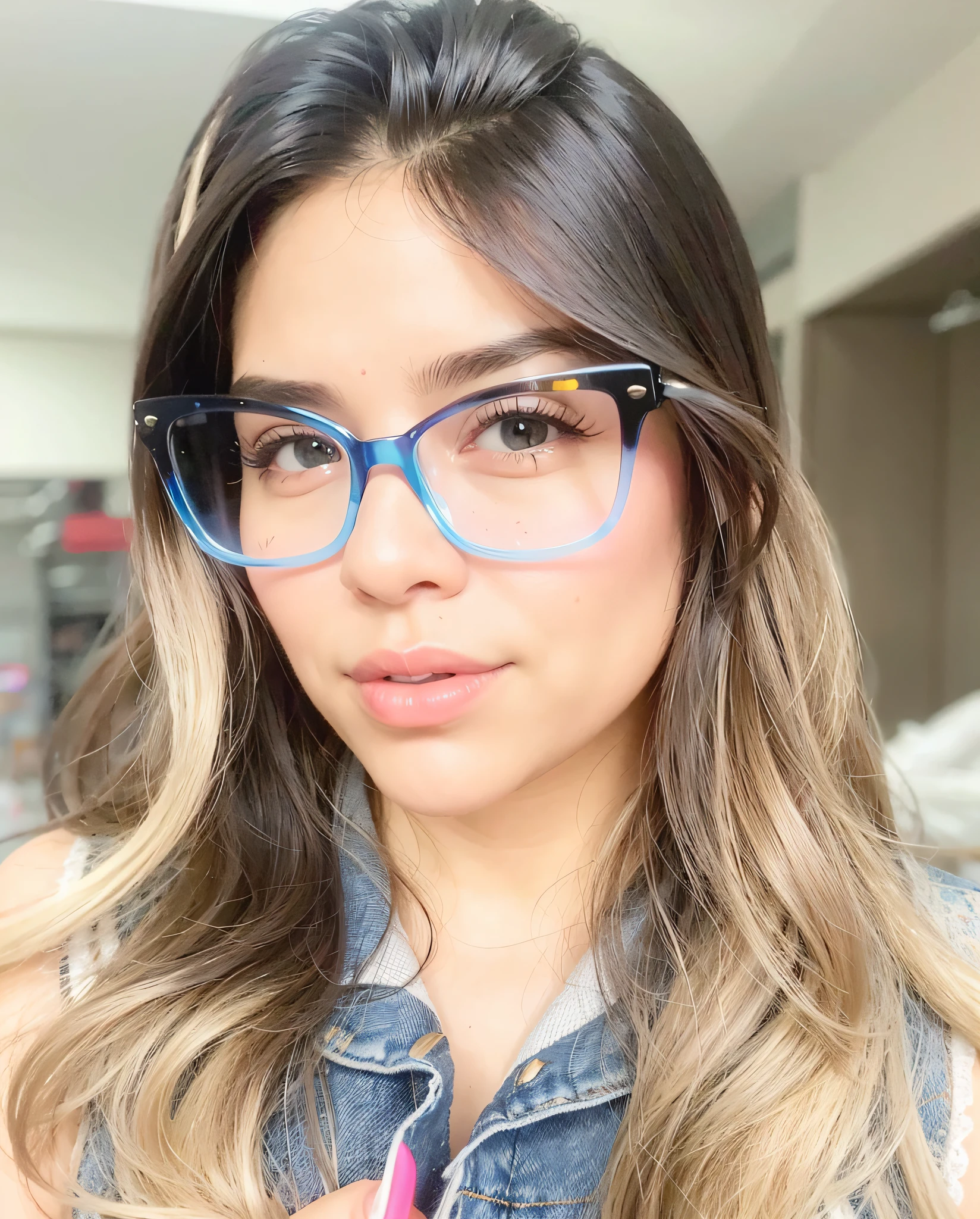 a woman with glasses and a denim jacket posing for a picture, blue rimmed glasses, girl with glasses, wearing square glasses, thick glasses, with square glasses, brazilian, glasses without frames, eyeglasses, square glasses, some glints and specs, with glasses, glasses frames, transparent glasses, thick - rimmed glasses, beautiful look, fernanda suarez