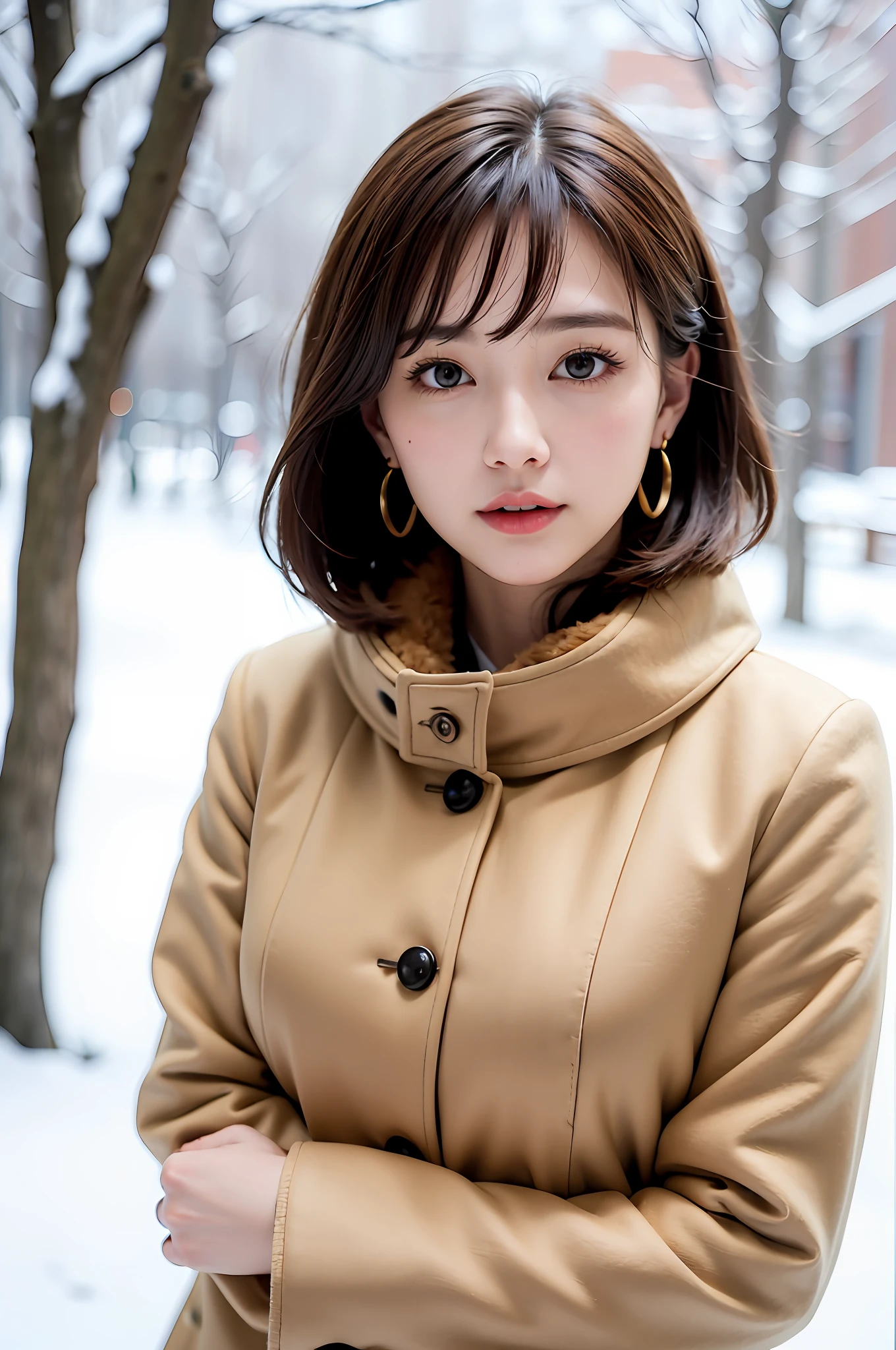 1 girl, bare_tree, brown_eyes, brown_hair, building, coat, cross_earrings, earrings, fur, fur trimmed_coat, fur_collar, fur_scarf, fur_trim, jewelry, lips, shorthair, looking_at_viewer, outdoors, snow, snow, solo, tree, upper_body, Winter, winter_clothes, detailed_eyes,Big breasts, arms close together, Chest facing camera, Big, Ears out, Golden ratio face, Golden ratio body, Best quality, Ultra high definition, Bangs