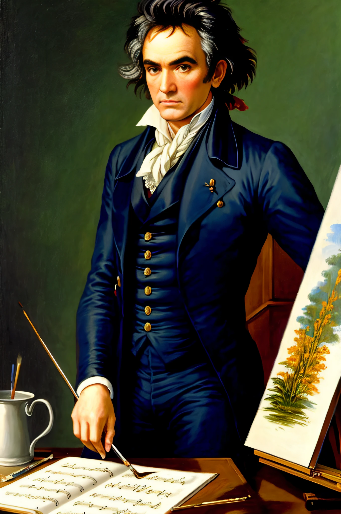Ludwig van Beethoven painting a picture with painter's clothes