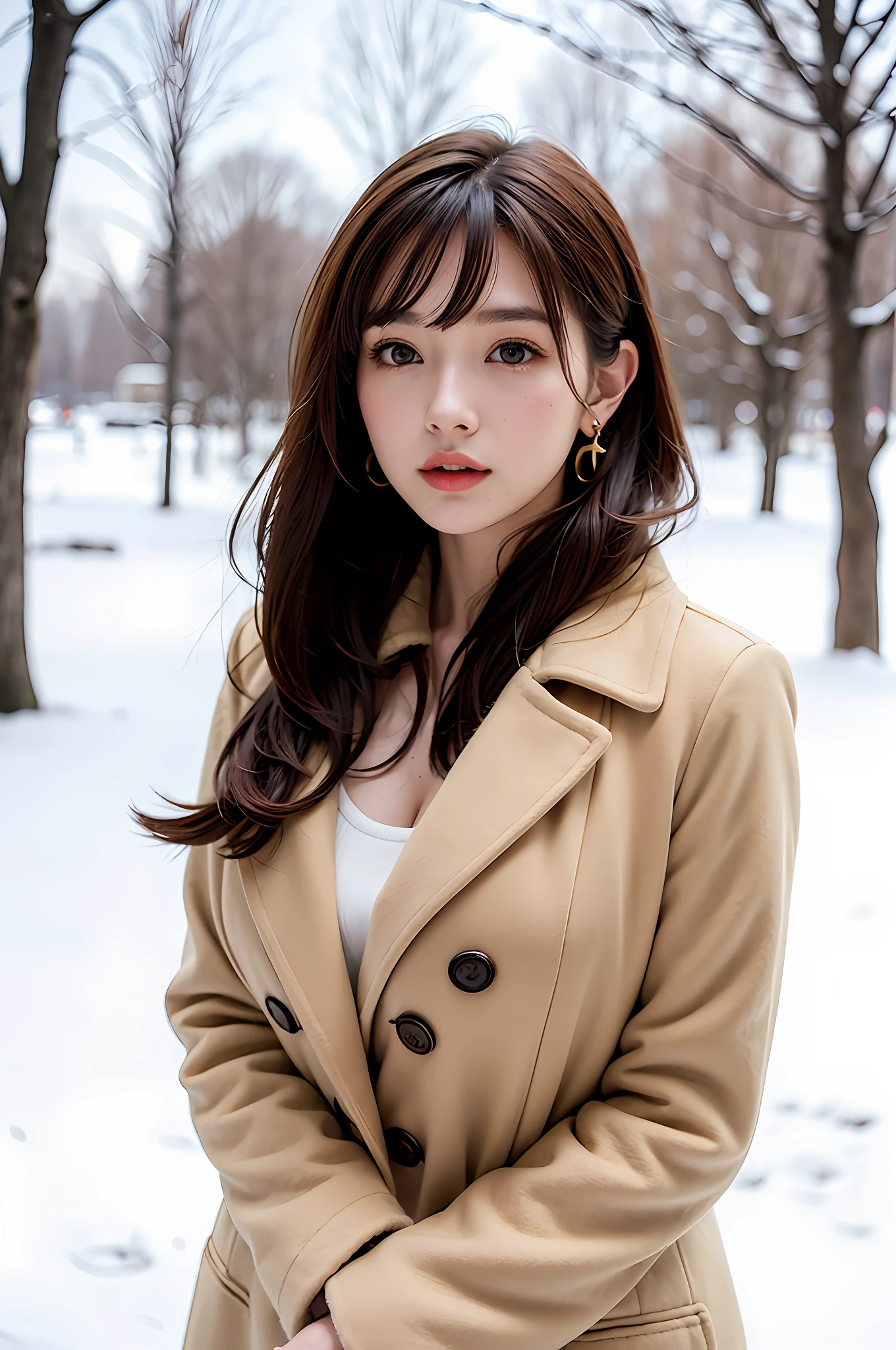 1 girl, bare_tree, brown_eyes, brown_hair, building, coat, cross_earrings, earrings, fur, fur trimmed_coat, fur_collar, fur_scarf, fur_trim, jewelry, lips, shorthair, looking_at_viewer, outdoors, snow, snow, solo, tree, upper_body, Winter, winter_clothes, detailed_eyes,Big breasts, arms close together, Chest facing camera, Big, Ears out, Golden ratio face, Golden ratio body, Best quality, Ultra high definition, Bangs