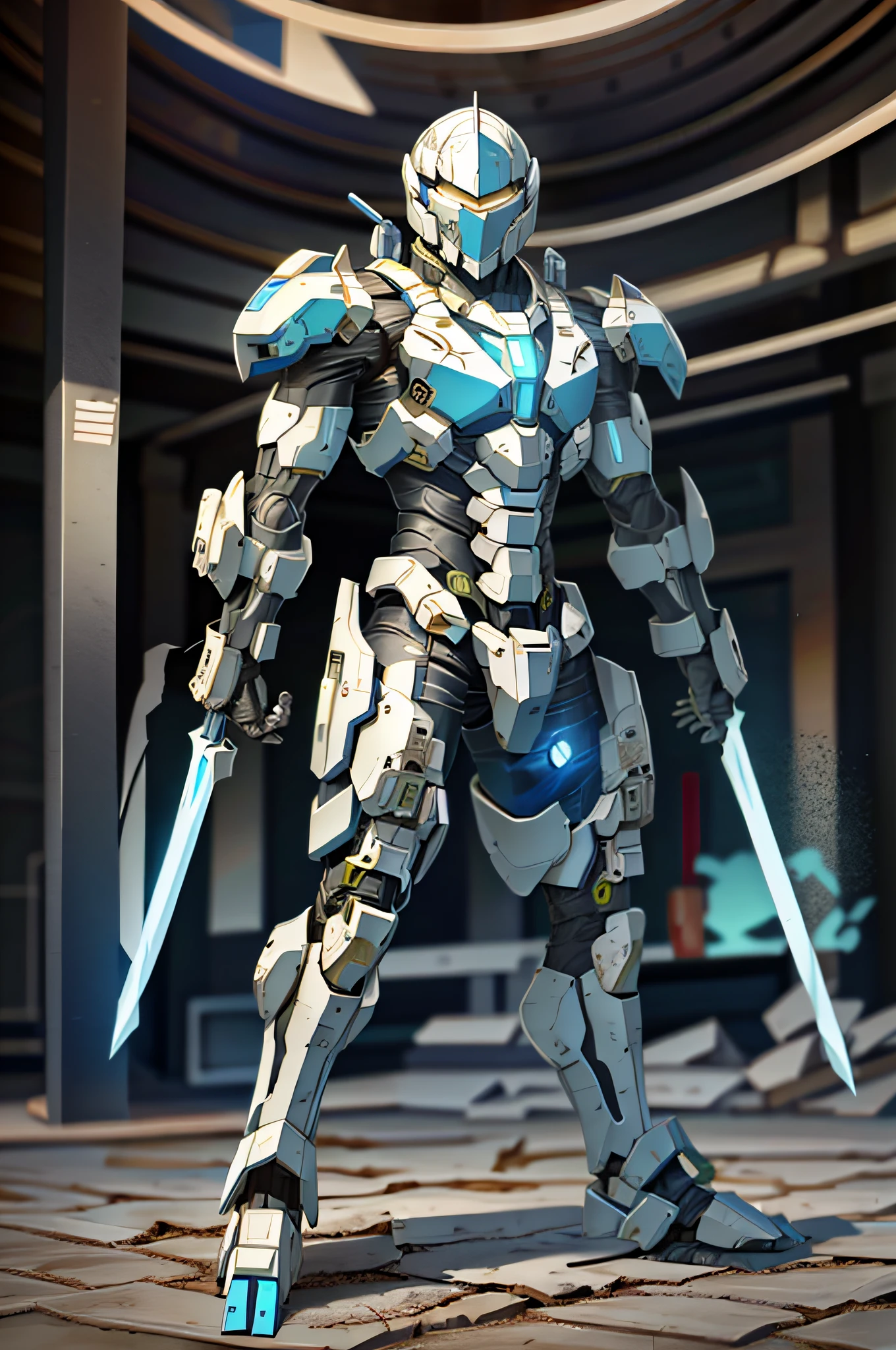 CYBORG,a man,mecha，Blue laser sword combat with glowing eyes