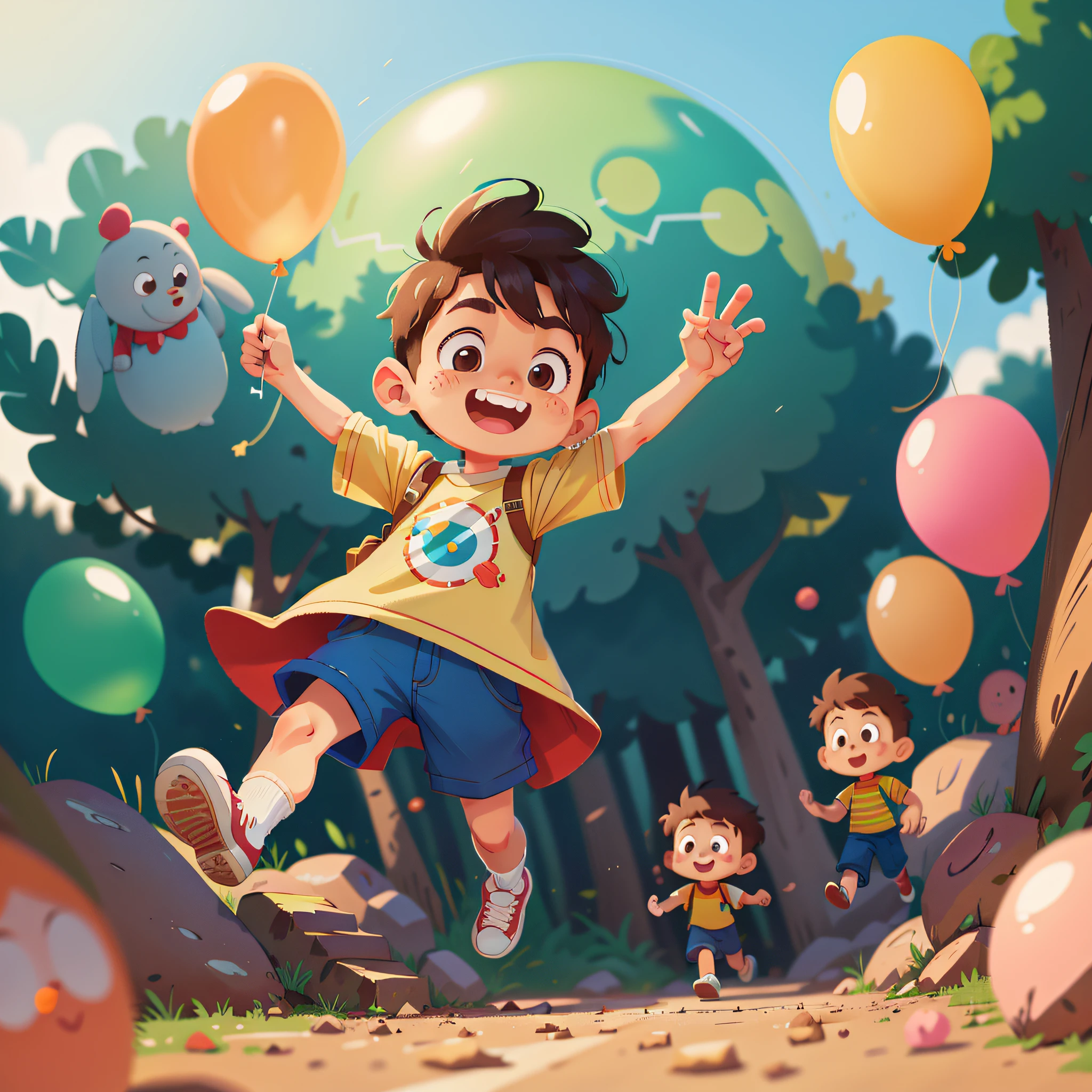 Cartoon characters: 1.331), a boy, zoo, many balloons, happy, happy, perfect quality, clear focus (clutter - home: 0.8), (masterpiece: 1.2) (bokeh) (best quality) (intricate details) (8K) (detail eyes) (sharp focus), (happy), full body, two children, clean background, running, (flat style: 1.331), children's illustration,