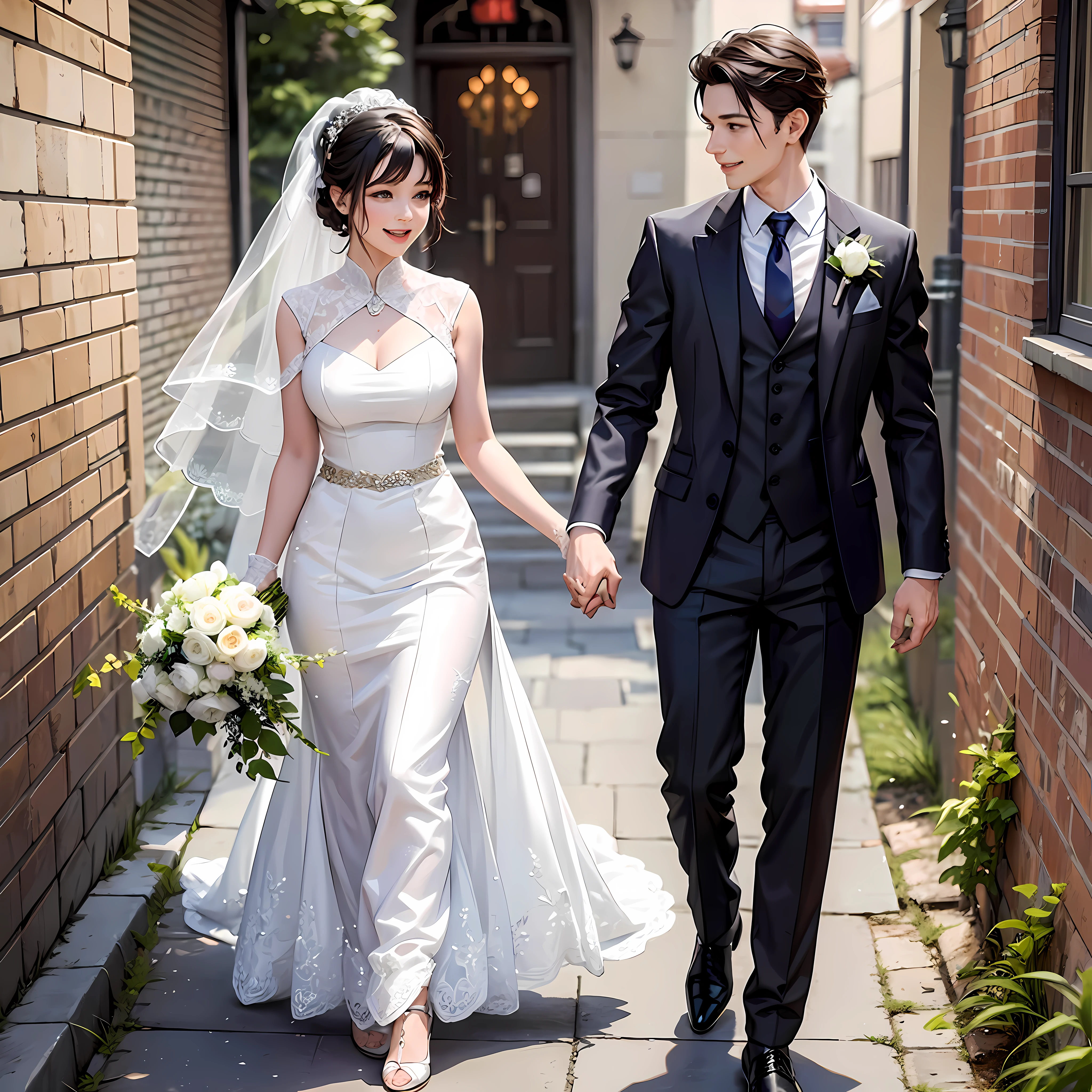 The male and female protagonists walk hand in hand at the door of the marriage registry, with bright flowers and a cheerful atmosphere in the background.