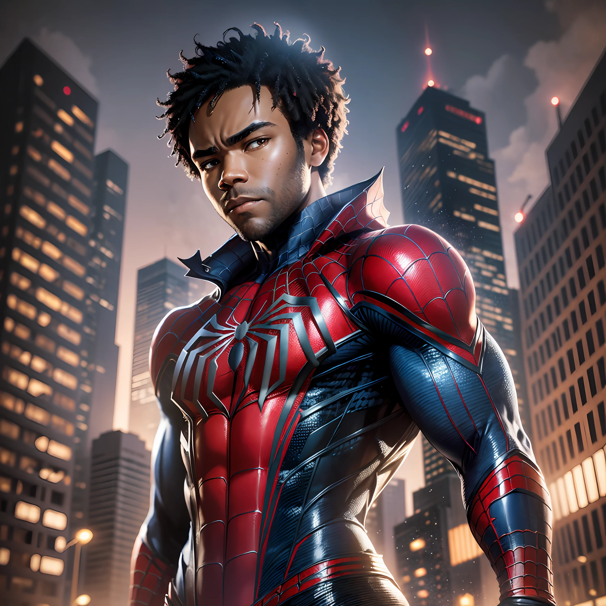(Donald Glover as Spider-Man), (Dark uniform), (Art by Jim Lee) magnificent sky background, dramatic, beautiful, award-winning, masterpiece, athletic, white eyes, pupilless, night city, (mist), particles, light rain, male focus, mask, muscular, muscular man, night, outdoors, rain, serious, dark atmosphere, detailed background, jim lee, ((empty hands)) --auto --s2