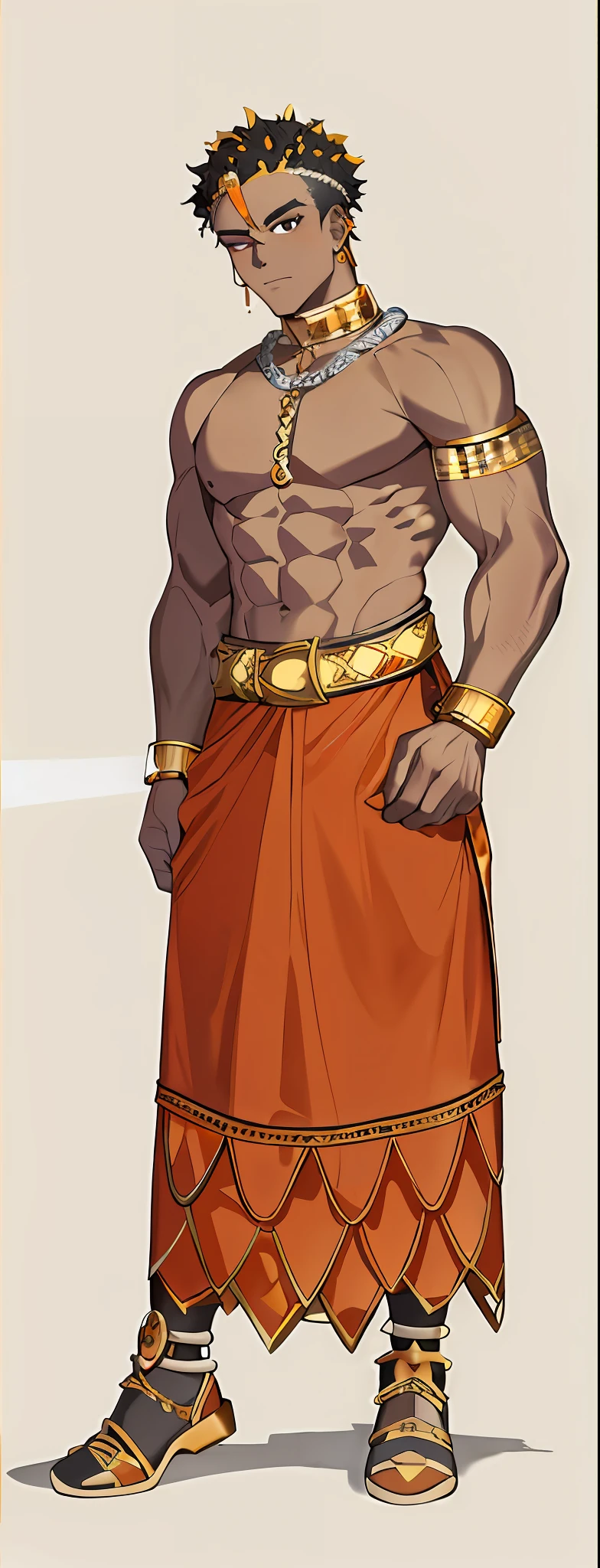 Masterpiece, best quality, black eyes, 1 black male, white background, orange long dress, (explosive hair style_1.5), toned muscles, gold collar, gold belt, gold bracelet, wearing straw shoes, ancient, Sumerian civilization