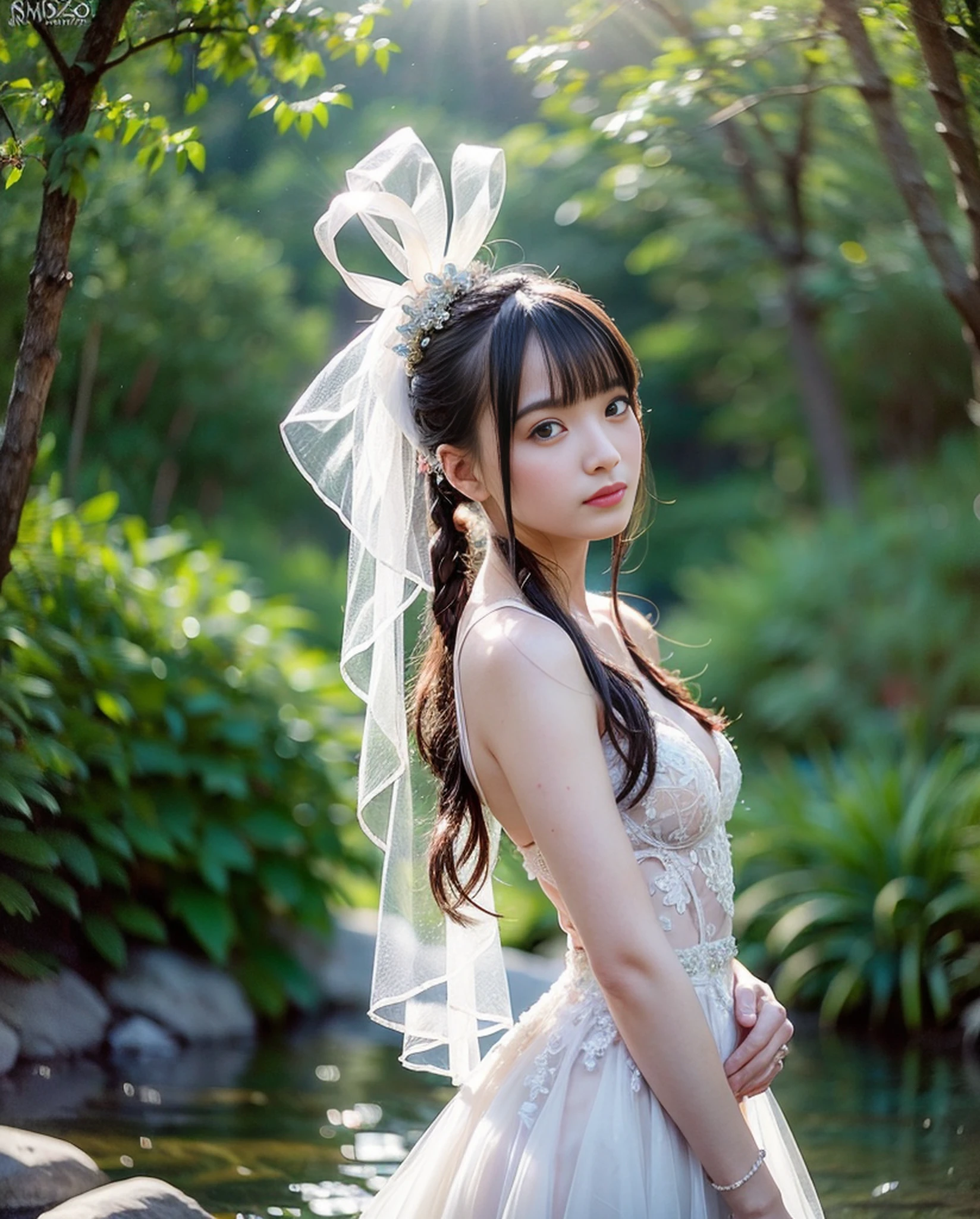 ((((1))),((Photorealistic))), ((AKB 48)), ((Full body photo)), (Lens flare),((Backlight)), (In the woods))((Clear stream deep in the dark mountains))),(((Rock in the background)),(Rock in the background),(Smiling)),((NIKON Z))),(19 years old),(Small bust))))), (((( Wedding dress))), (((Pore feeling)))), ((((skin feeling)))), (((Photorealism: 6, Realistic)))), (sideways and turning around pose)),Perfect breast shape, bare buttocks, side ponytail, ribbon, hair ornament, pale skin, looking at the viewer, small waist