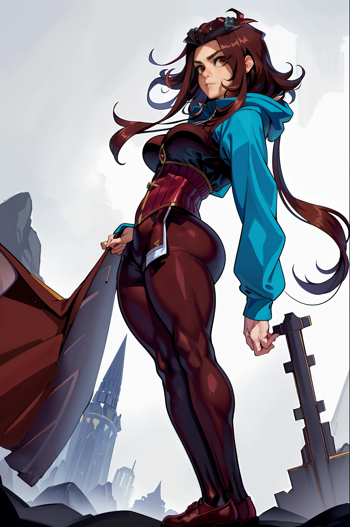 1girl, (((solo)))), bodybuilder, musuclar, hoodie oversized, big ass, strong shoulders, dark wine-colored hair, her hair is mostly at chin height with the addition of elbow-length fringes that frame both sides of her face, her bangs are curled frontally with a hair stylist-like device on the top of her head, brown eyes,masterpiece, best quality, shoes, full body, posing for a photo, beautifully colored-coded, socks, scrunchbutt leggings white background, studio, looking away, hooded, landscape a cave, night weather, strong wind, dust in the air, Izayoi Aki