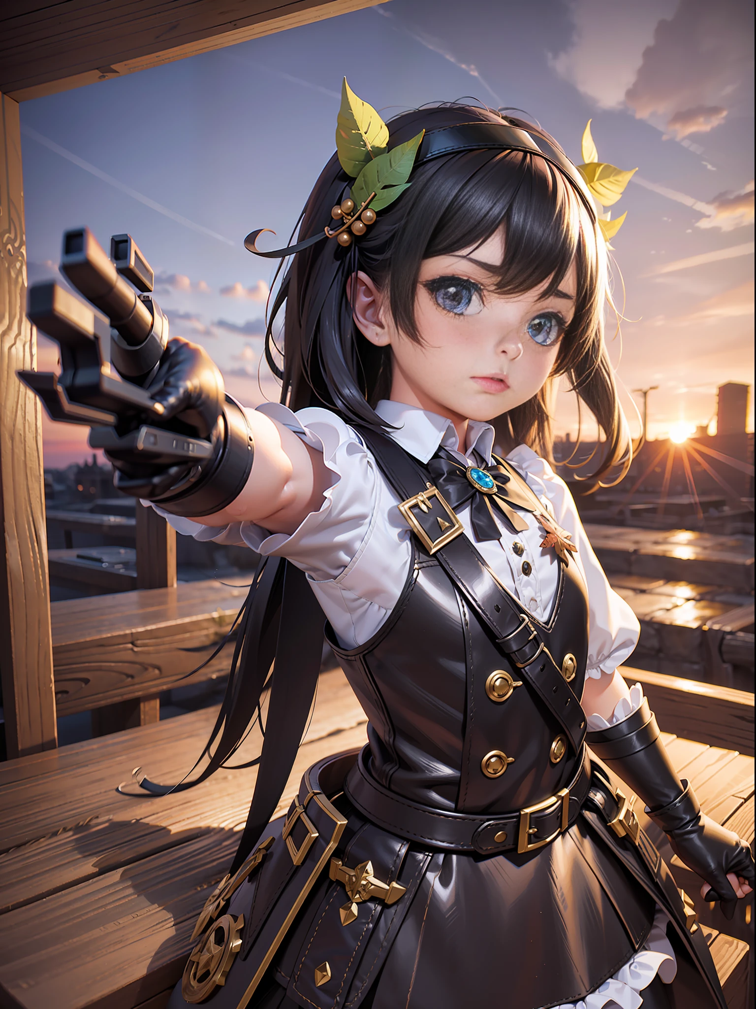 little girl, Gloves made of leaves, flintlock pistol, High-fiving, privy, Sunset, by Artgerm, LSD Render, 3D Sculpt, Cinematic, Paper Model, Neon, Children's Drawing, Melancholic, Graphite, Constructivist