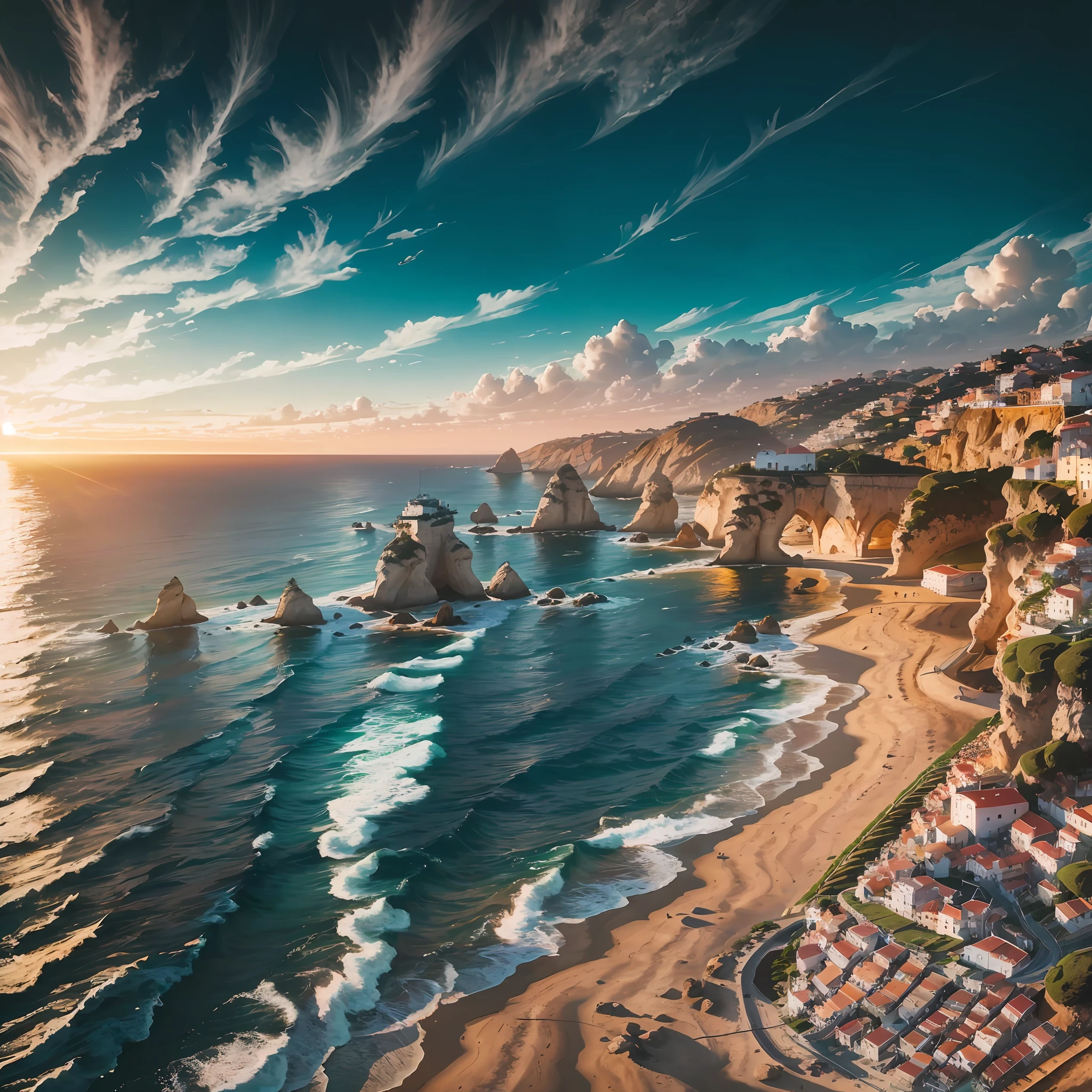 "Masterful realism, perfectly lit with 8K resolution of a Portuguese coastal landscape in a super paradise at sunset " --auto --s2