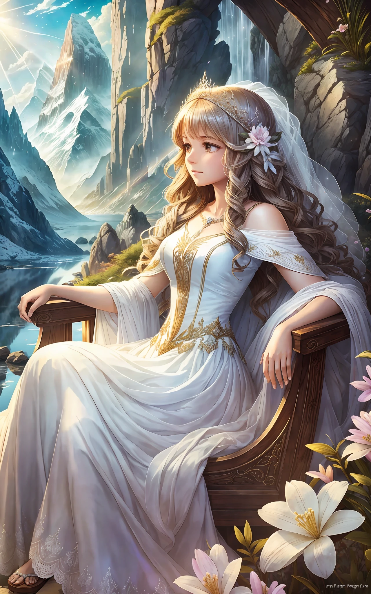 award winning 64k concept art of (1girl:1.2) in white majestic dress sitting on the throne in the mountains, epic, god rays, centered, (masterpiece:1.2), (best quality:1.2), Amazing, highly detailed, beautiful, finely detailed, warm soft color grading, Depth of field, extremely detailed 8k, fine art, stunning, iridescent, shiny, (light reflections:1.2), (crisp:1.5), curls, wind, vibrant, sunlit, (edge detection:1.2)