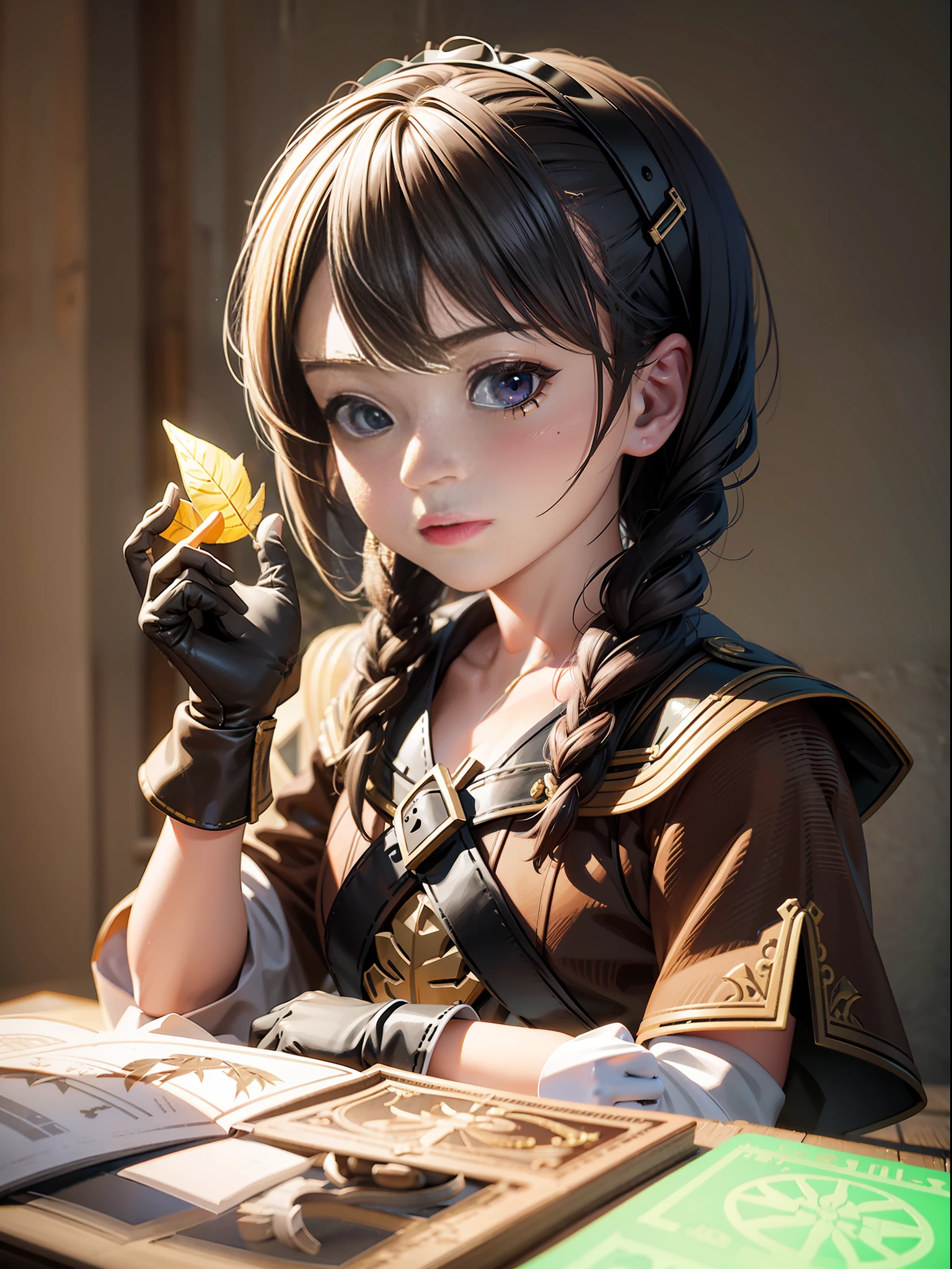 little girl, Gloves made of leaves, flintlock pistol, High-fiving, privy, Sunset, by Artgerm, LSD Render, 3D Sculpt, Cinematic, Paper Model, Neon, Children's Drawing, Melancholic, Graphite, Constructivist