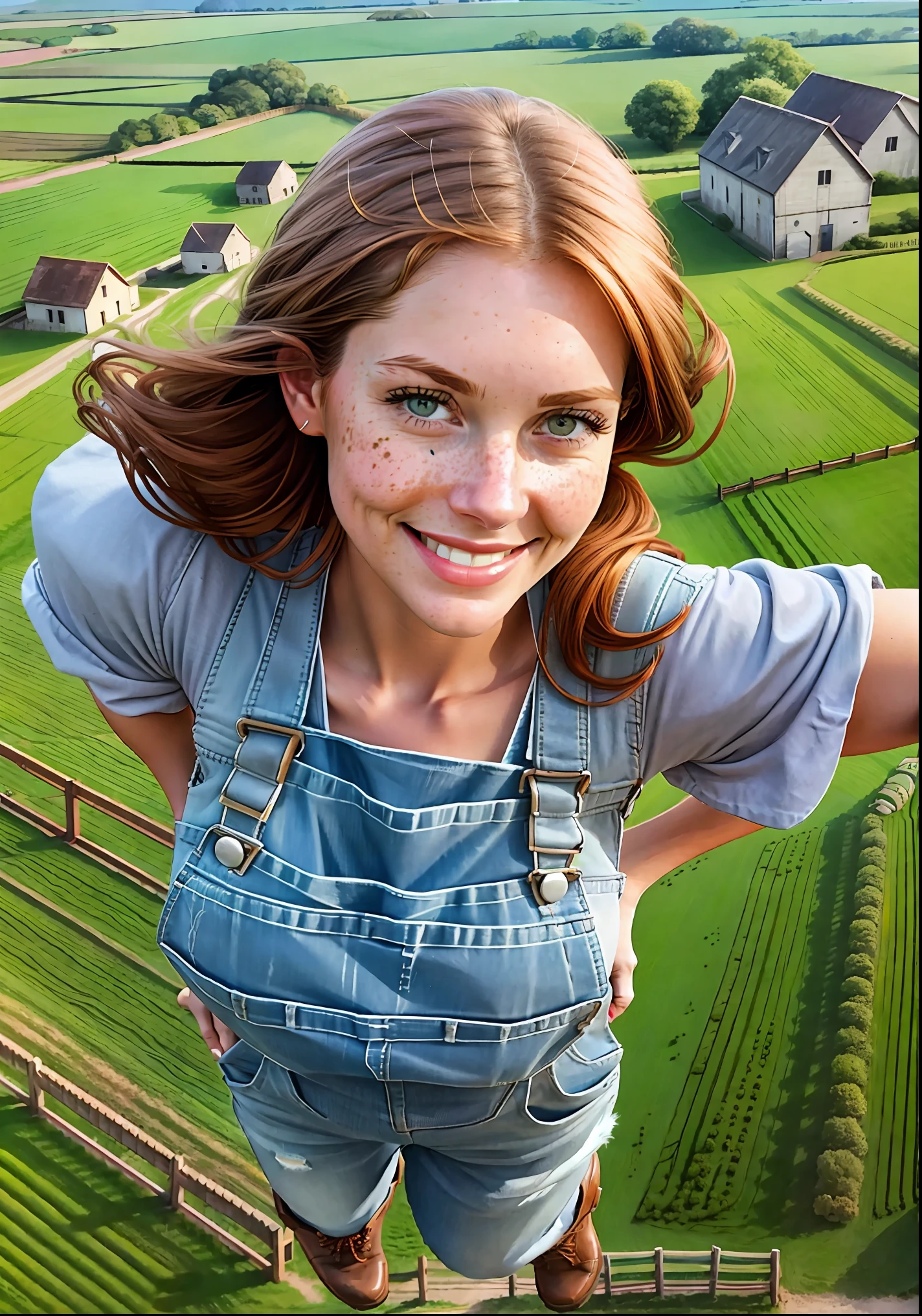 Texas woman (America), 30 years (years), perfect face, thin, smiling, eyes tight, closed, realistic, beautiful, in gray detailed overalls, full body, view from above, looking from above, close, clean arms, light skin tanned from the sun, work gloves, cap, hair loose in the wind, red head, freckles, no bra, no bras, no t-shirt under the overalls, does not wear lingerie, large breasts, full, soft, thrown, round, jumping, view from above, looking from above, close, dirty boots, dirty, dirty, walking in the green field, wooden fences, stables, hay, tractor, butterflies, bird, rabbits.