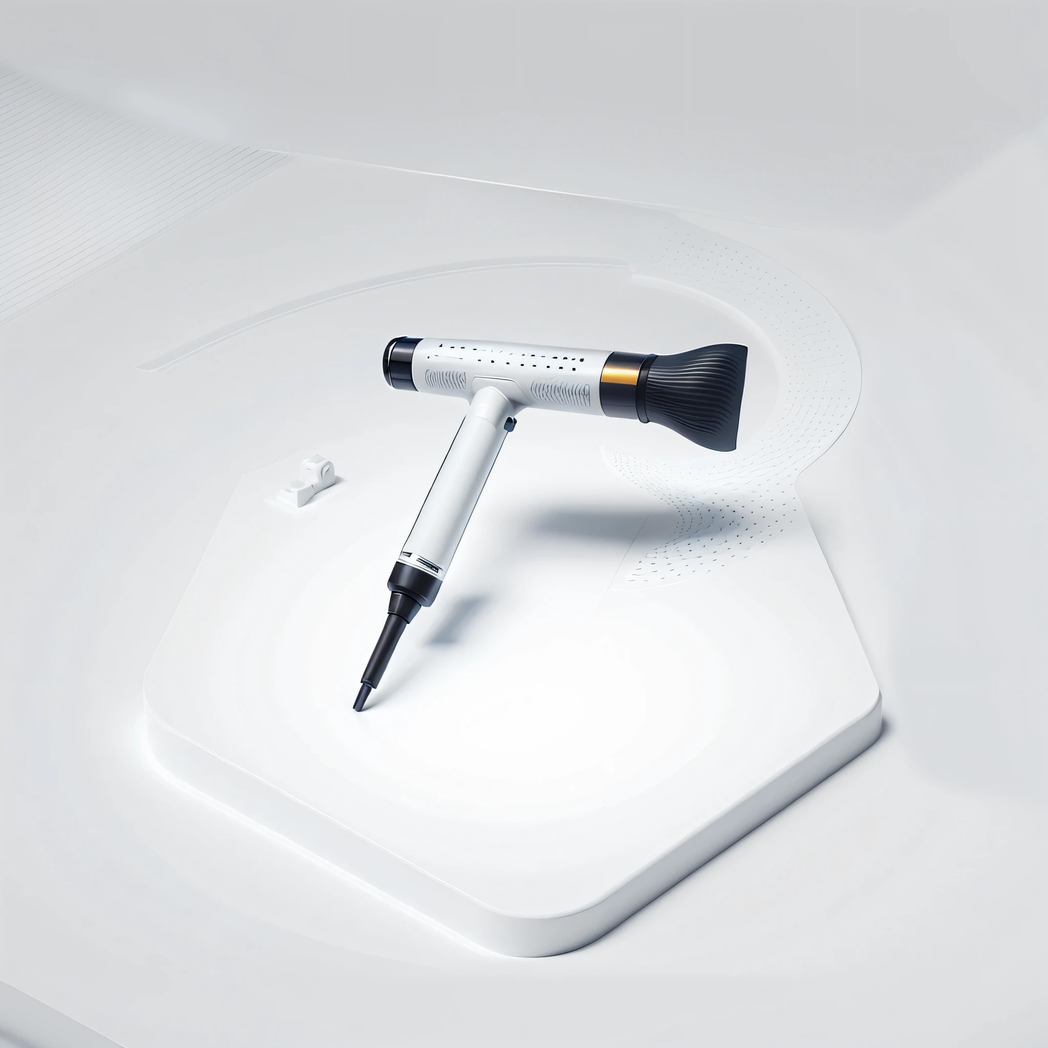 hair dryer on table, marble table, simple background, removal of complex objects, chiaroscuro, UHD, 8k, best quality, white background,