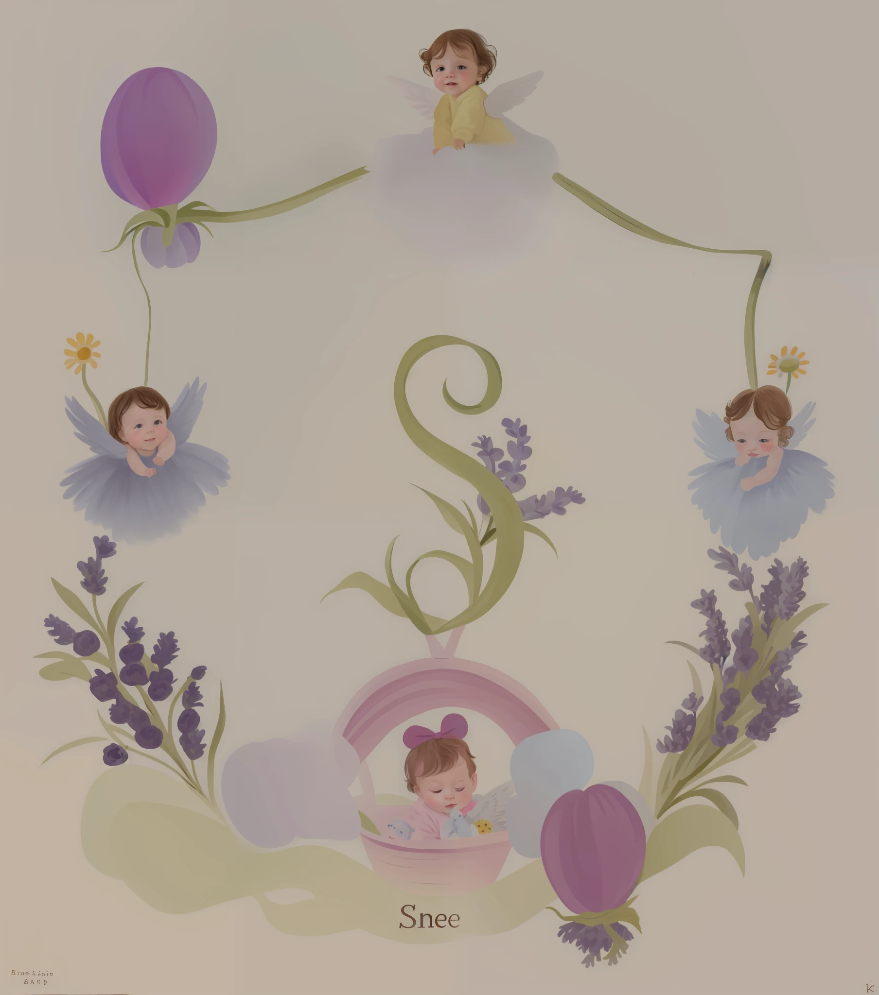 there is a drawing of a baby in a basket with flowers, added detail, by Zsuzsa Máthé, putti, illustrated in whimsical style, hand drawn, children's illustration, angel themed, colored illustration, handdrawn, detailed watercolour, vignette illustration, letter s, official fanart, hand - drawn, hand-drawn, medium detail, childrens illustration --auto --s2
